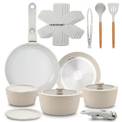 Front. NutriChef - NutriChef 18-Piece Ceramic Cookware Set with Detachable Handles, Non Stick Pots and Pans (Cream) - Cream.
