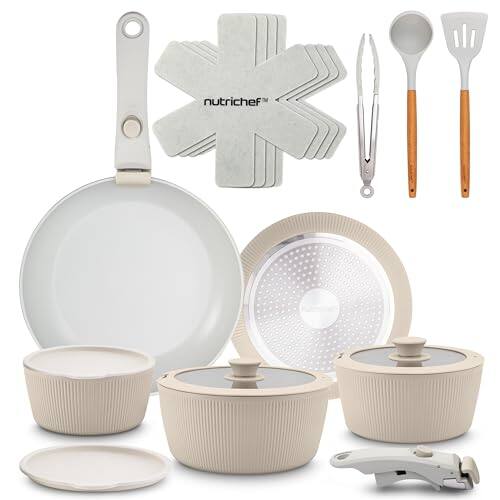 Front. NutriChef - NutriChef 18-Piece Ceramic Cookware Set with Detachable Handles, Non Stick Pots and Pans (Cream) - Cream.