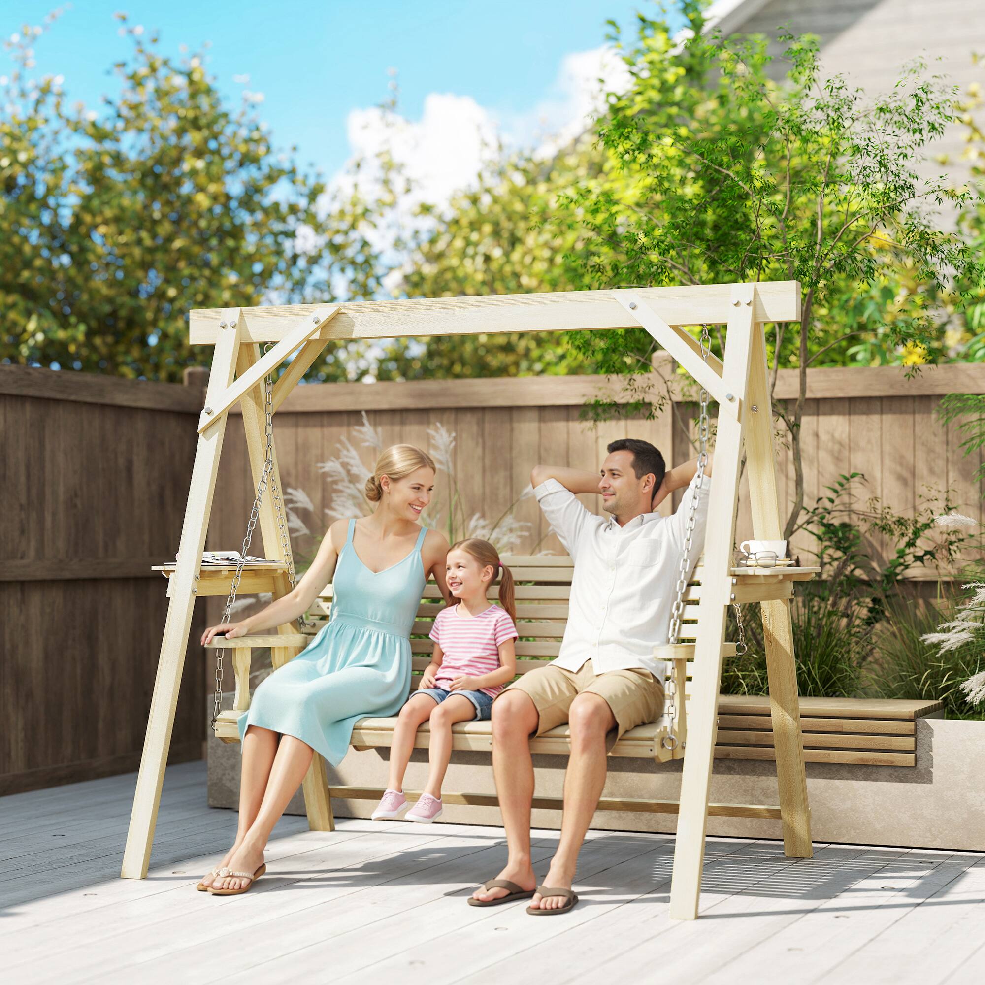 Alt View 1. Outsunny - Seat Wooden Porch Swing with Stand, Patio Swing with Side Tables, for Garden, Poolside, Backyard - Natural Wood.