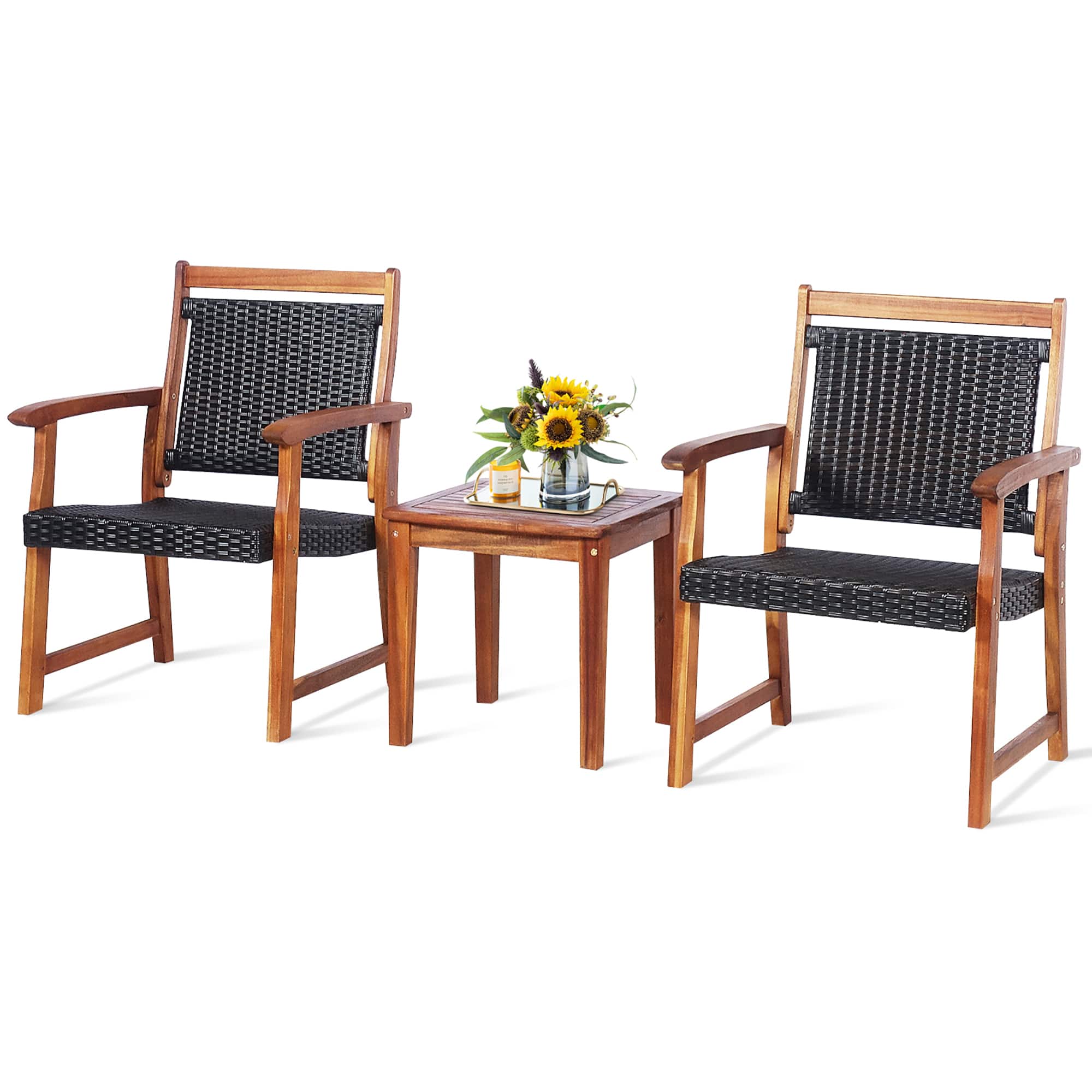 Costway - 3PCS Patio Rattan Bistro Set Acacia Wood Frame Armrest Chairs Garden - Reddish Brown