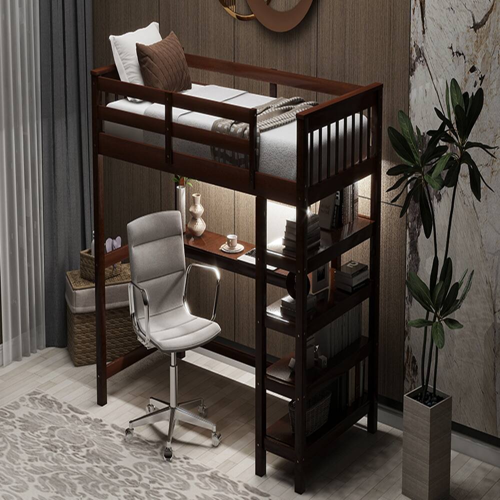 Alt View 3. Loheer - Loheer Twin Size Loft Bed with Desk and Storage Shelves, Espresso Wood Loft Bed with LED Lights - Espresso.