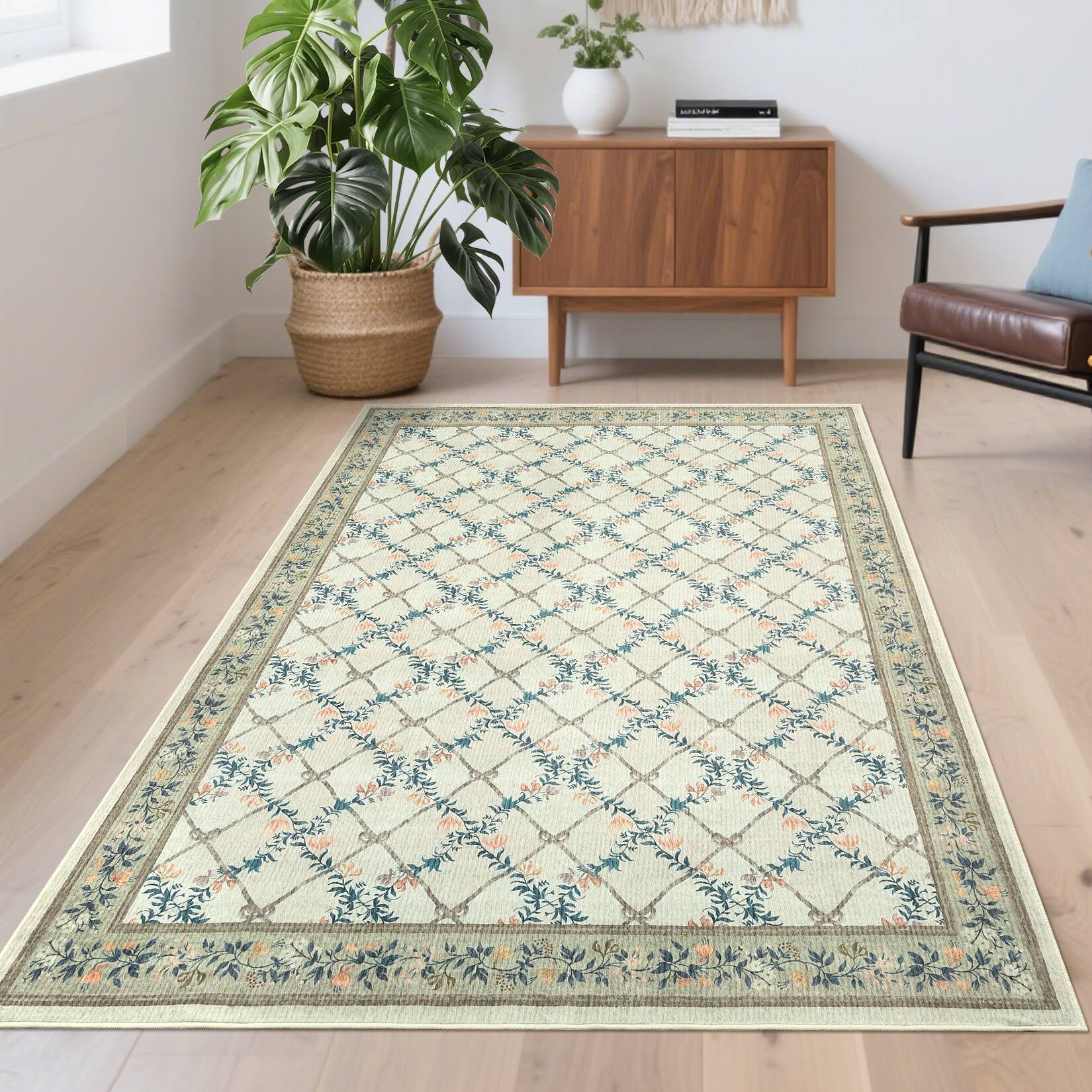 Left. Acekool - Modern Floral Print Geometric Area Rug Machine Washable Non-Slip Stain Resistant Carpet for Bedroom Dining Room - Green Beige.