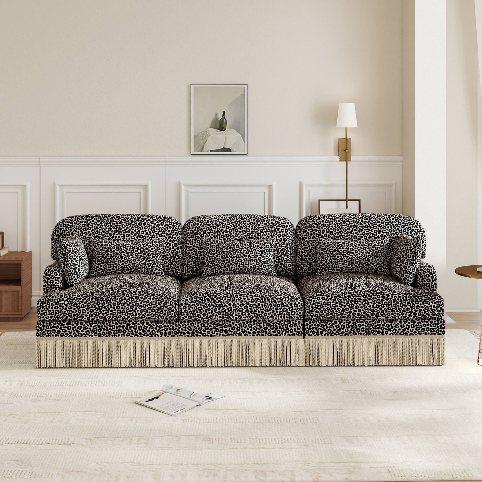 Left. Anysun - 100" Chenille Leopard Print 3-Seater Sofa with Tassel Edge, Modular Sectional Couch, Ergonomic Deep Seat for Living Room - khaki.