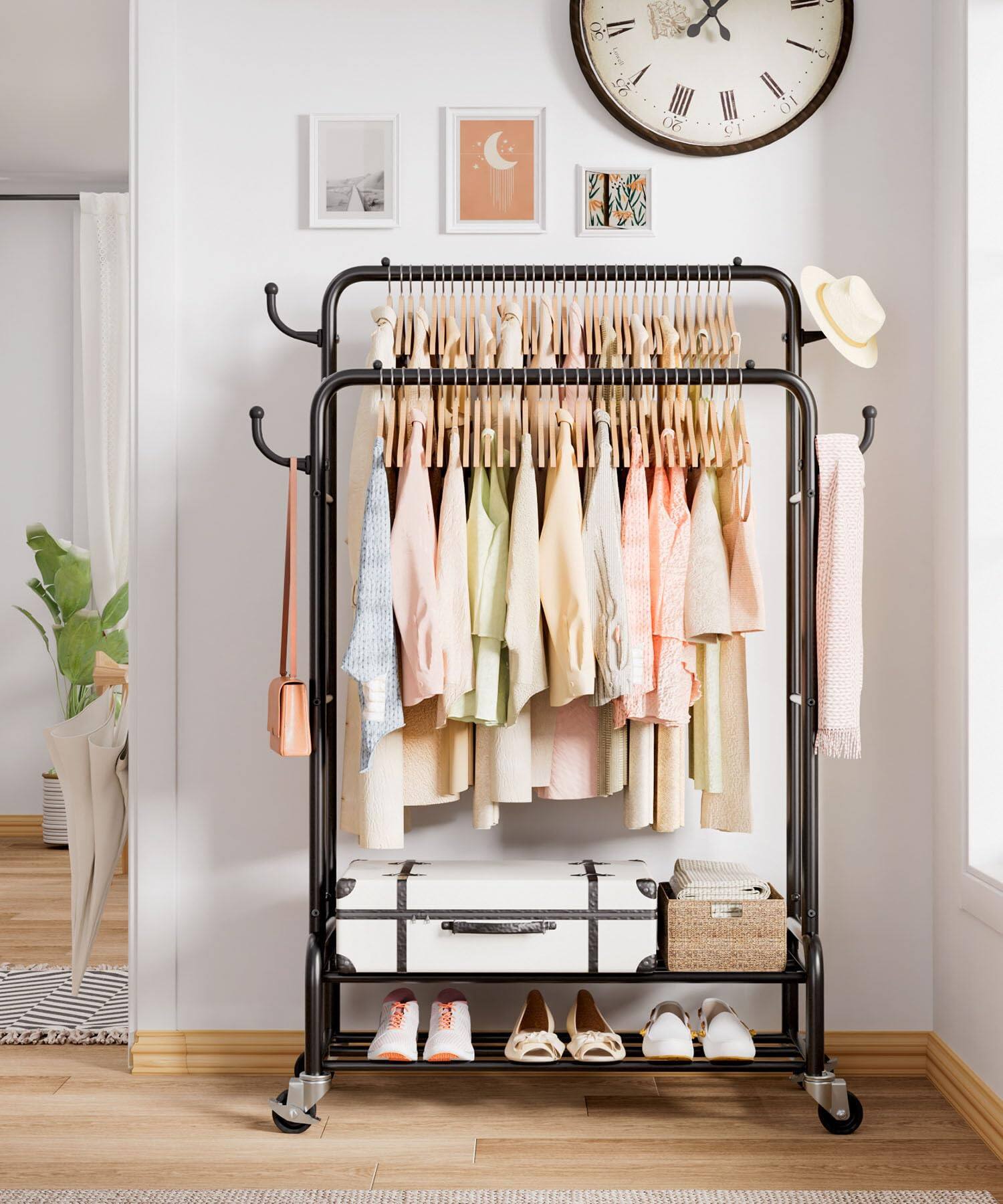 Alt View 7. Hirose Alice - Homde Heavy Duty Clothes Rack: Double Rod Garment Hanging for Indoor   Rolling Coat Organizer Storage for - Default.