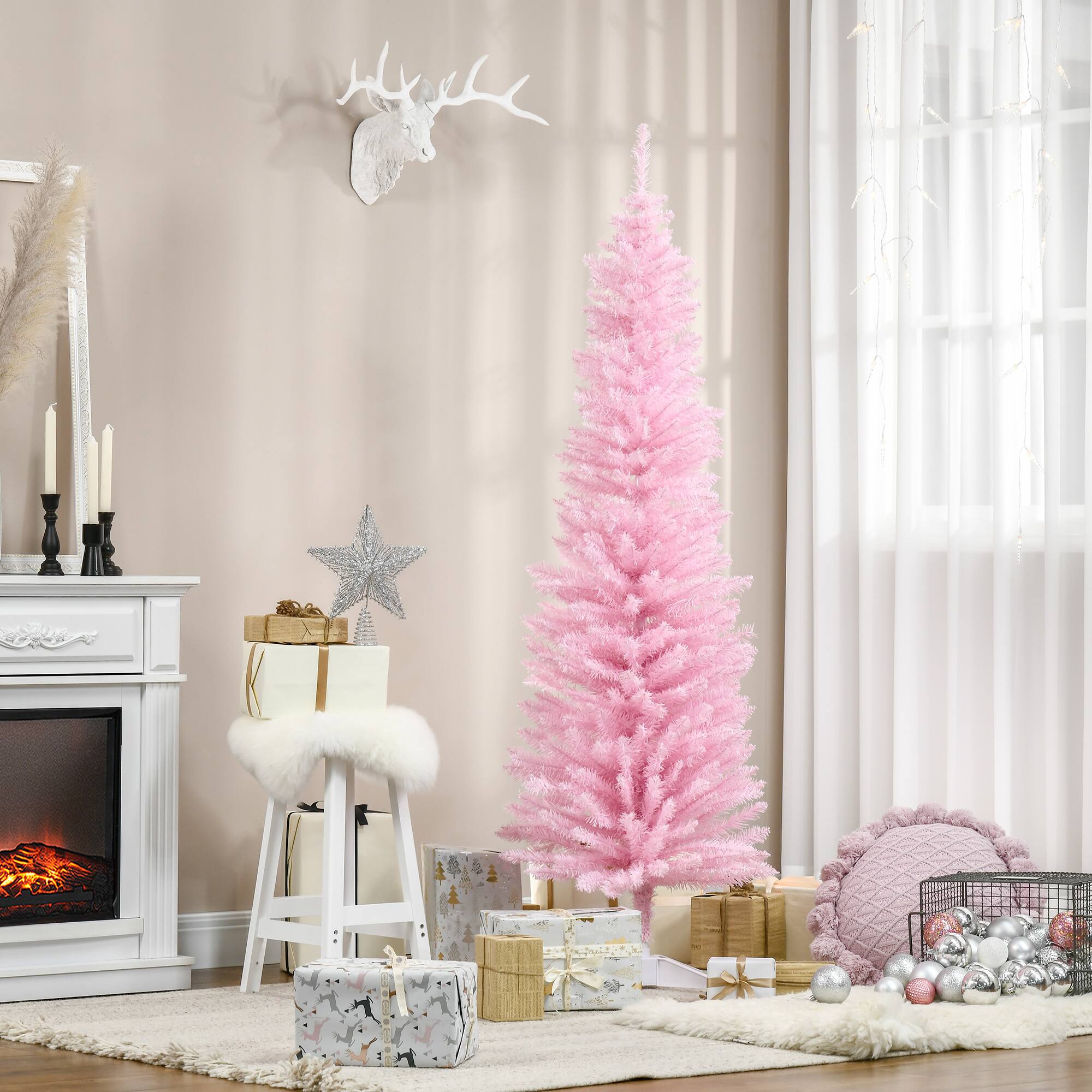 Alt View 1. Homcom - Artificial Pencil Christmas Tree, Slim Xmas Tree with 390 Realistic Branch Tips and Plastic Stand - pink.