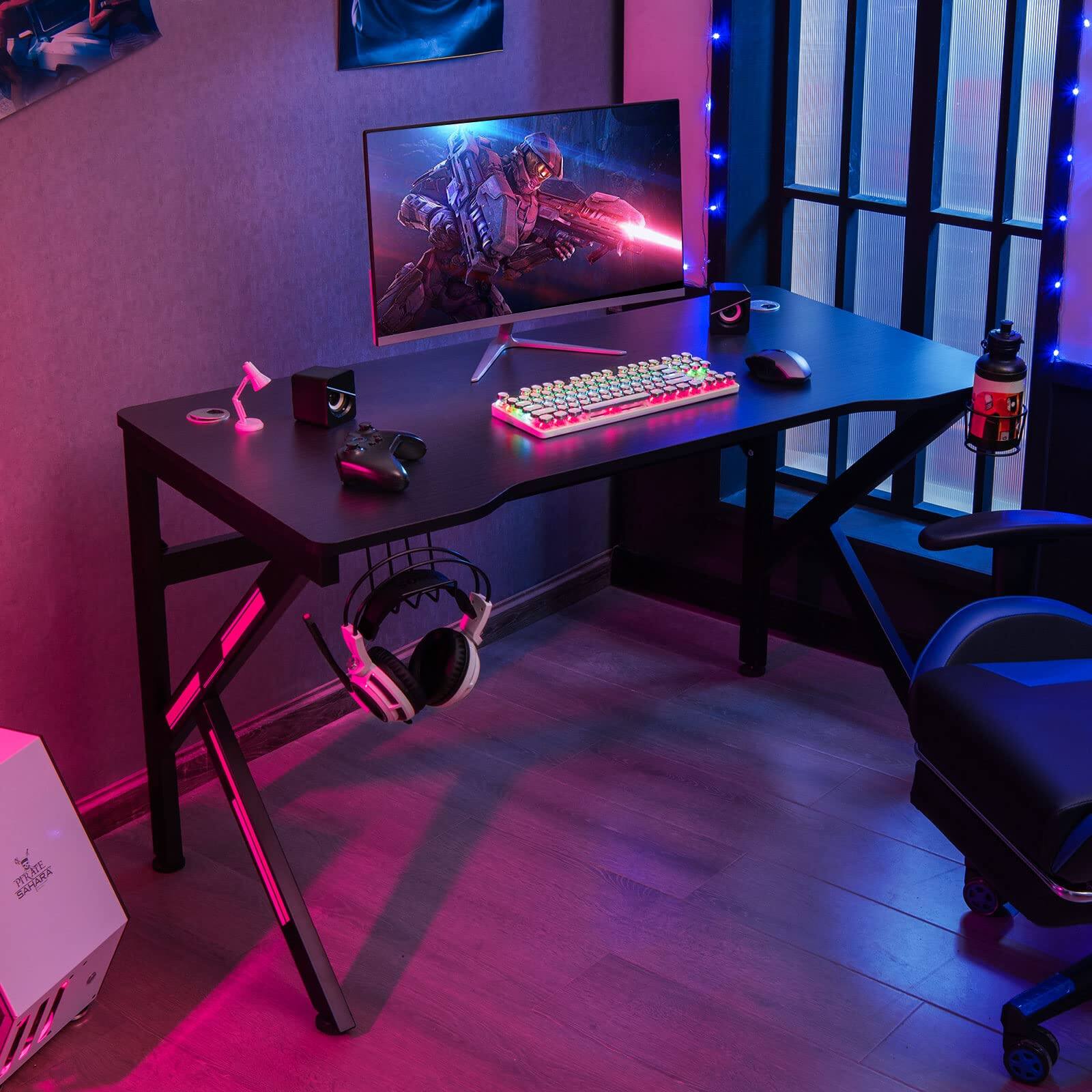 Alt View 7. Ecooso - Gaming Desk with Cup Holder and Headphone Hook, K-Shaped PC Workstation for Setup - Black.