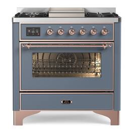 ILVE - Majestic II 36 inch Dual Fuel Range with 6 Burners + Griddle (Natural Gas, Blue Grey, Copper Trim) - Blue Grey
