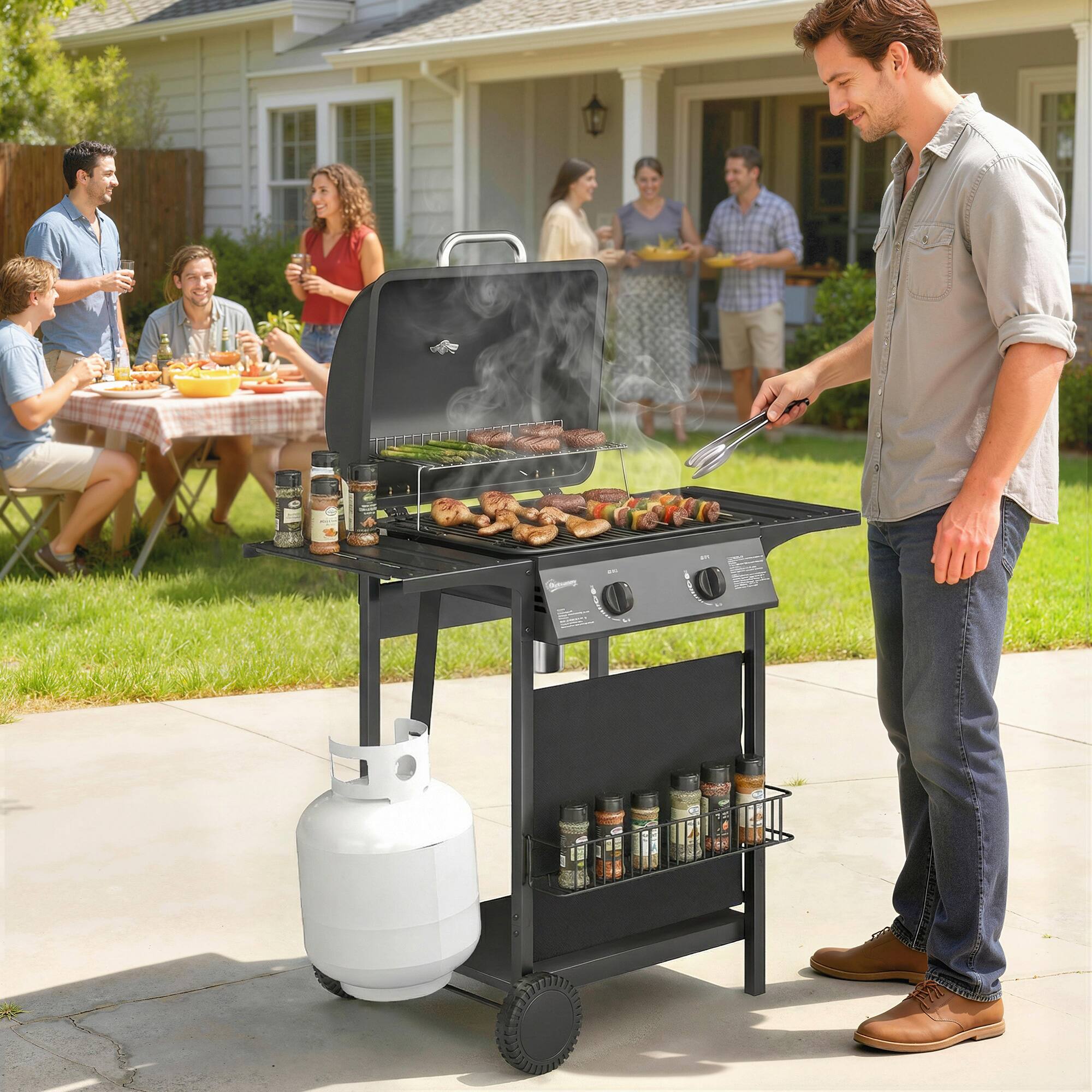 Alt View 1. Outsunny - Burner Propane Gas Grill, 18000 BTU BBQ Grill with Wheels, Warming Rack, Shelf, Thermometer - Black.