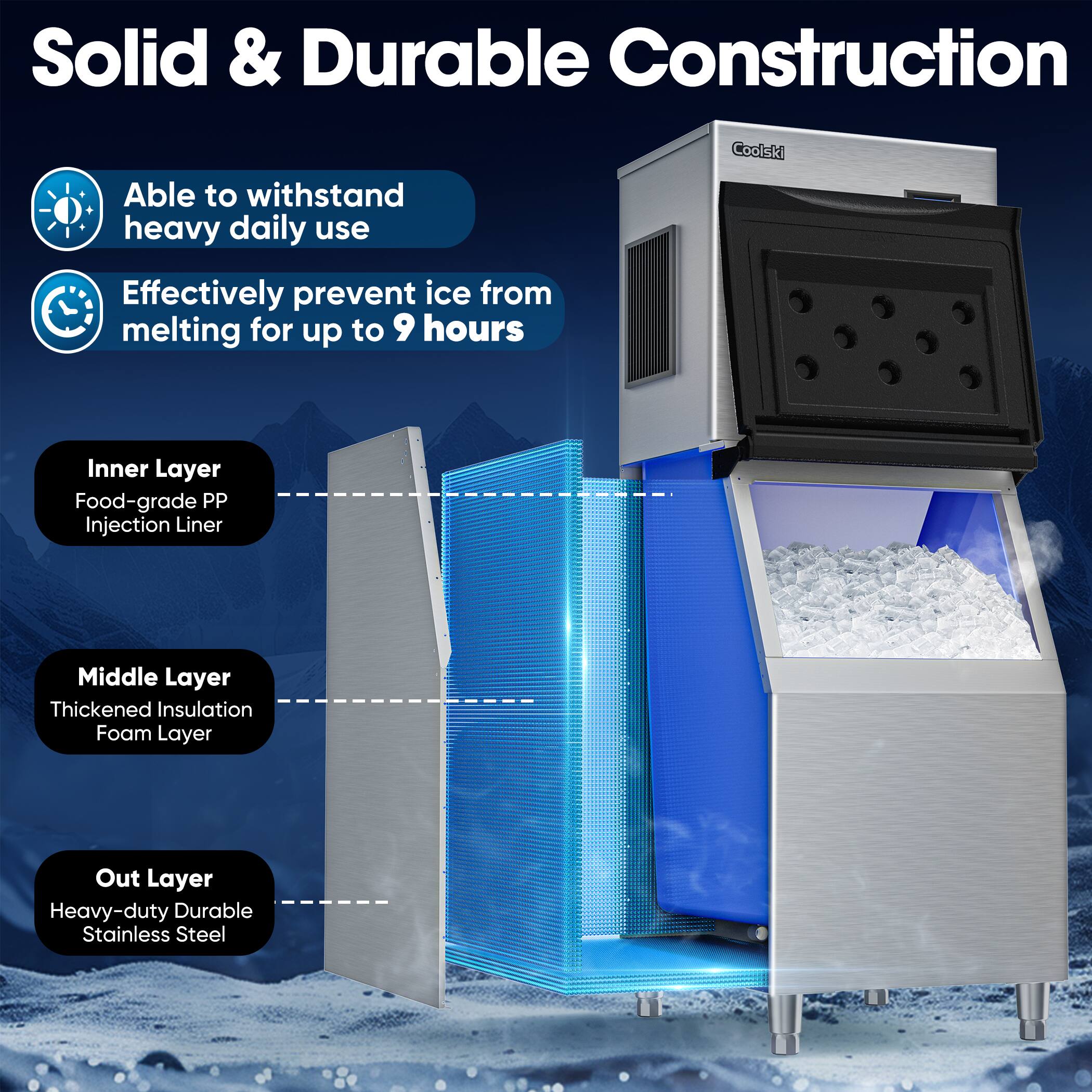 Solid & Durable Construction

- Able to withstand heavy daily use
- Effectively prevent ice from melting for up to 9 hours

Inner Layer
- Food-grade PP Injection Liner

Middle Layer
- Thickened Insulation Foam Layer

Out Layer
- Heavy-duty Durable Stainless Steel