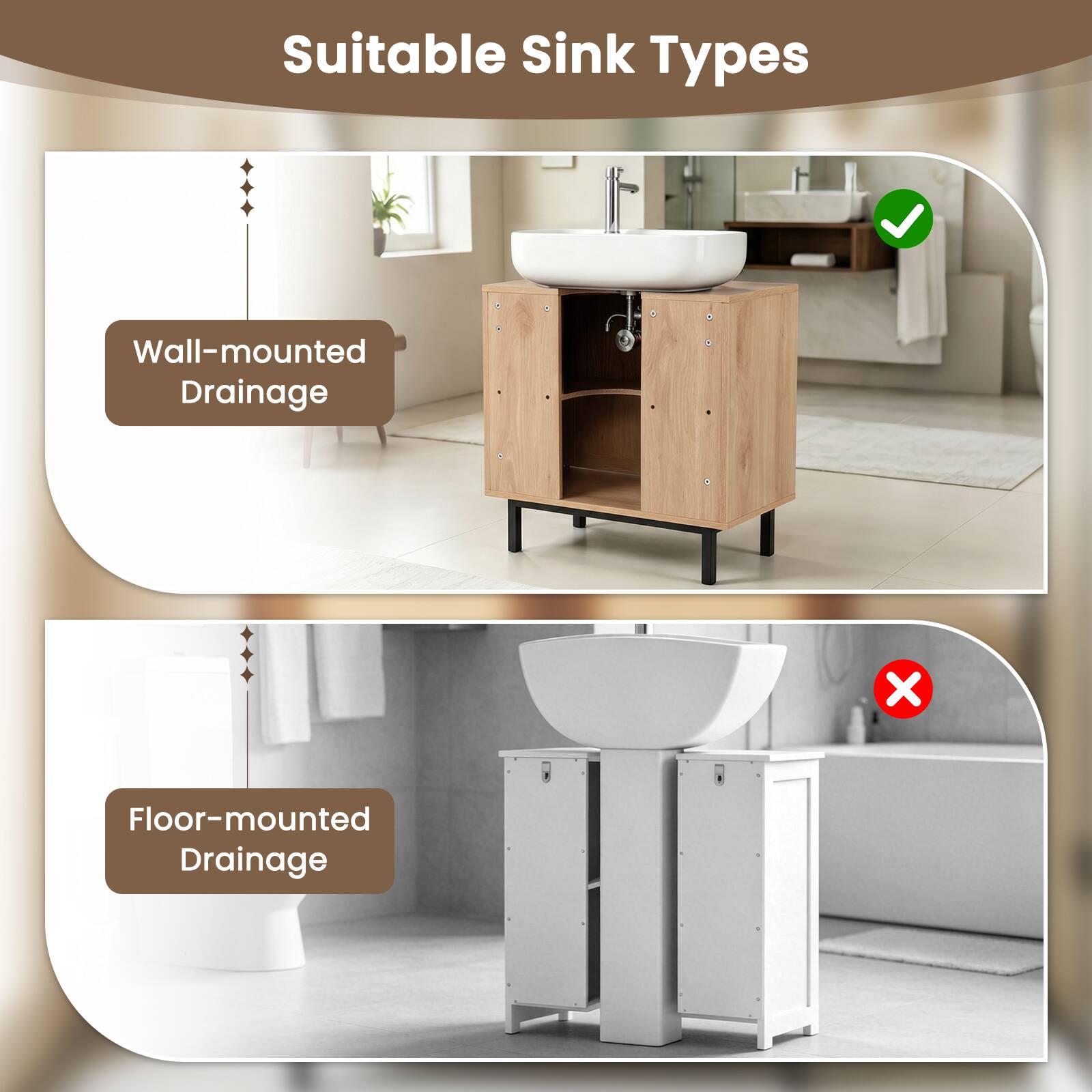 Suitable Sink Types

- Wall-mounted Drainage
- Floor-mounted Drainage