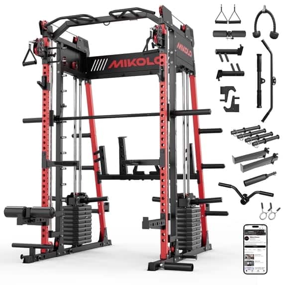 Mikolo - M11 Smith Machine with 260 LBS Weight Stack, 2200lbs Squat Rack with LAT-Pull Down System - Red