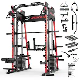 Mikolo - M11 Smith Machine with 260 LBS Weight Stack, 2200lbs Squat Rack with LAT-Pull Down System - Red