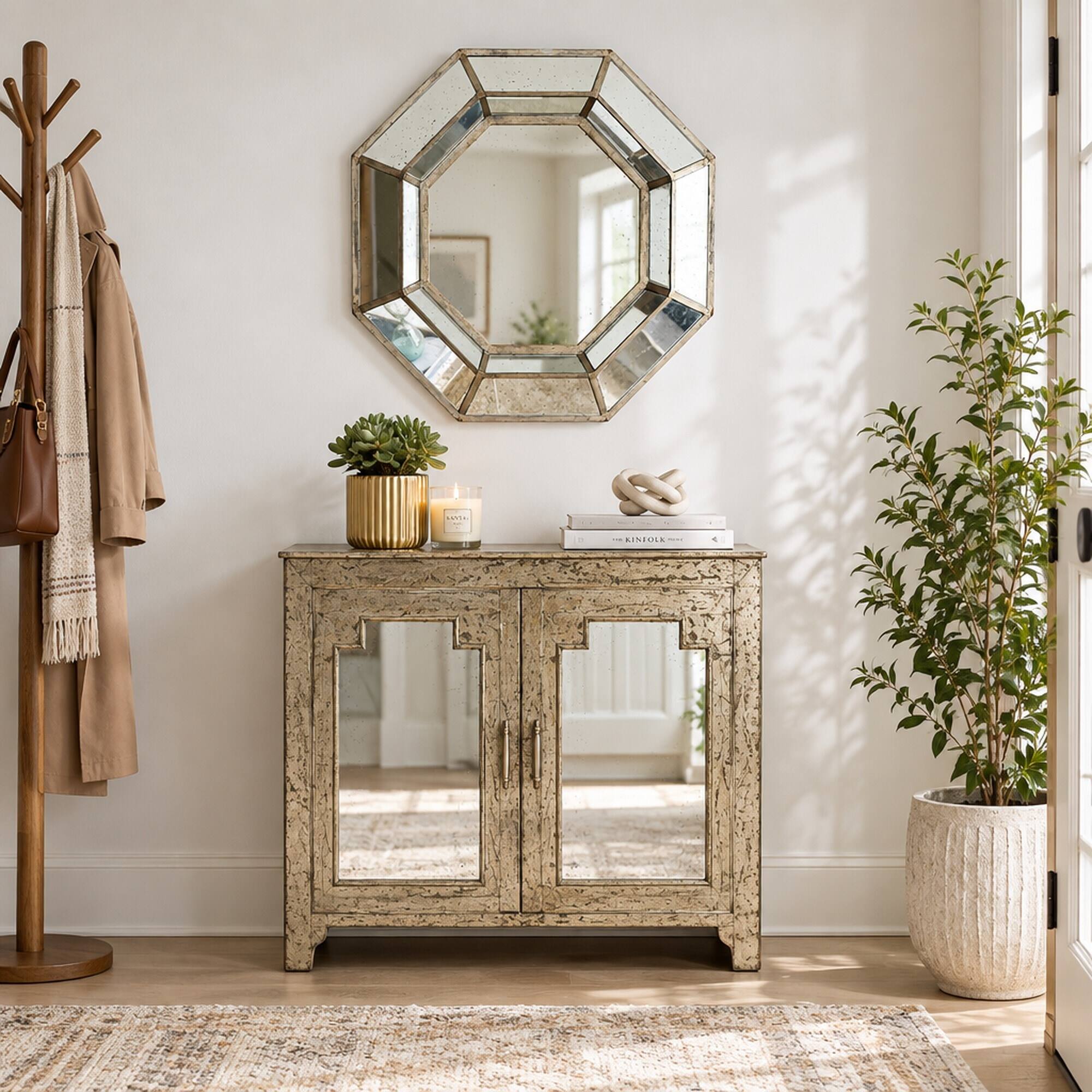 RYHNUYNE 40 in Oversized Octagon Wall Mirror, Distressed Finish, Mid ...