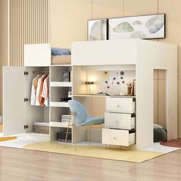 Whisen - Full Size Loft Bed with Desk, Wardrobe, Storage Shelves, Drawers and Full-Length Guardrails for Bedroom - Beige