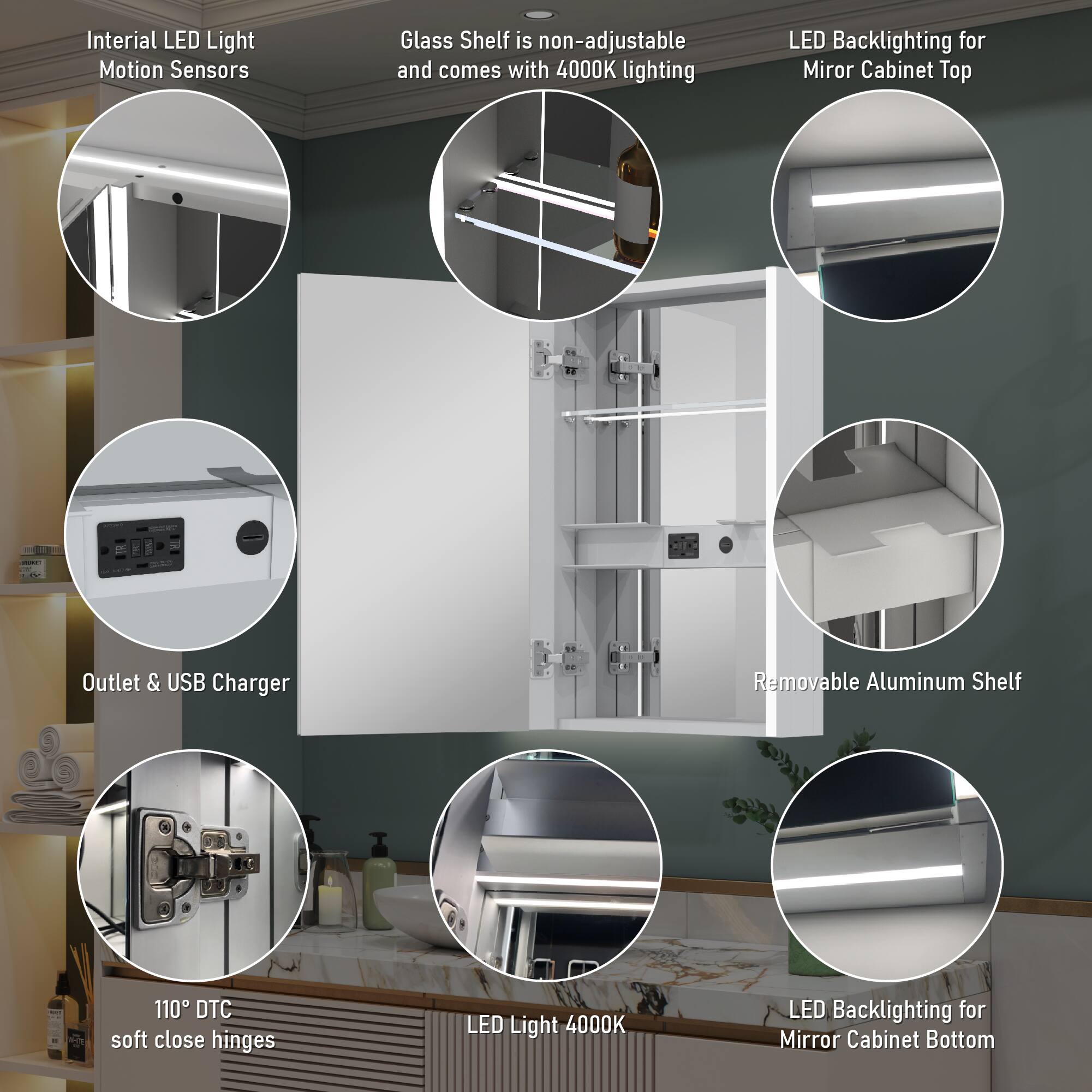 Interial LED Light Motion Sensors Glass Shelf is non-adjustable and comes with 4000K lighting LED Backlighting for Mirror Cabinet Top - - Outlet & USB Charger Removable Aluminum Shelf 110 DTC soft close hinges LED Light 4000K LED Backlighting for Mirror Cabinet Bottom