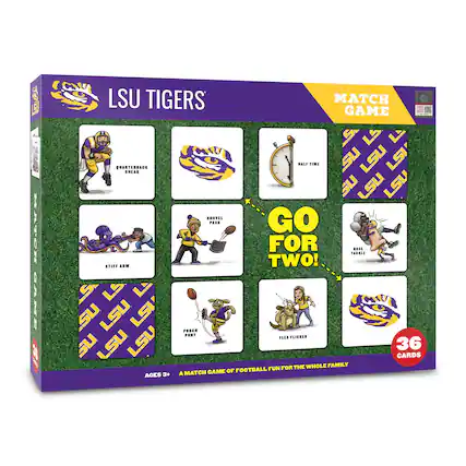 LSU Tigers Match Game
- Quarterback Sneak
- Half Time
- Stiff Arm
- Shovel Pass
- Pocket Punt
- Flea Flicker
- Nose Tackle
Go for Two!
36 Cards
Ages 3+
A Match Game of Football Fun for the Whole Family