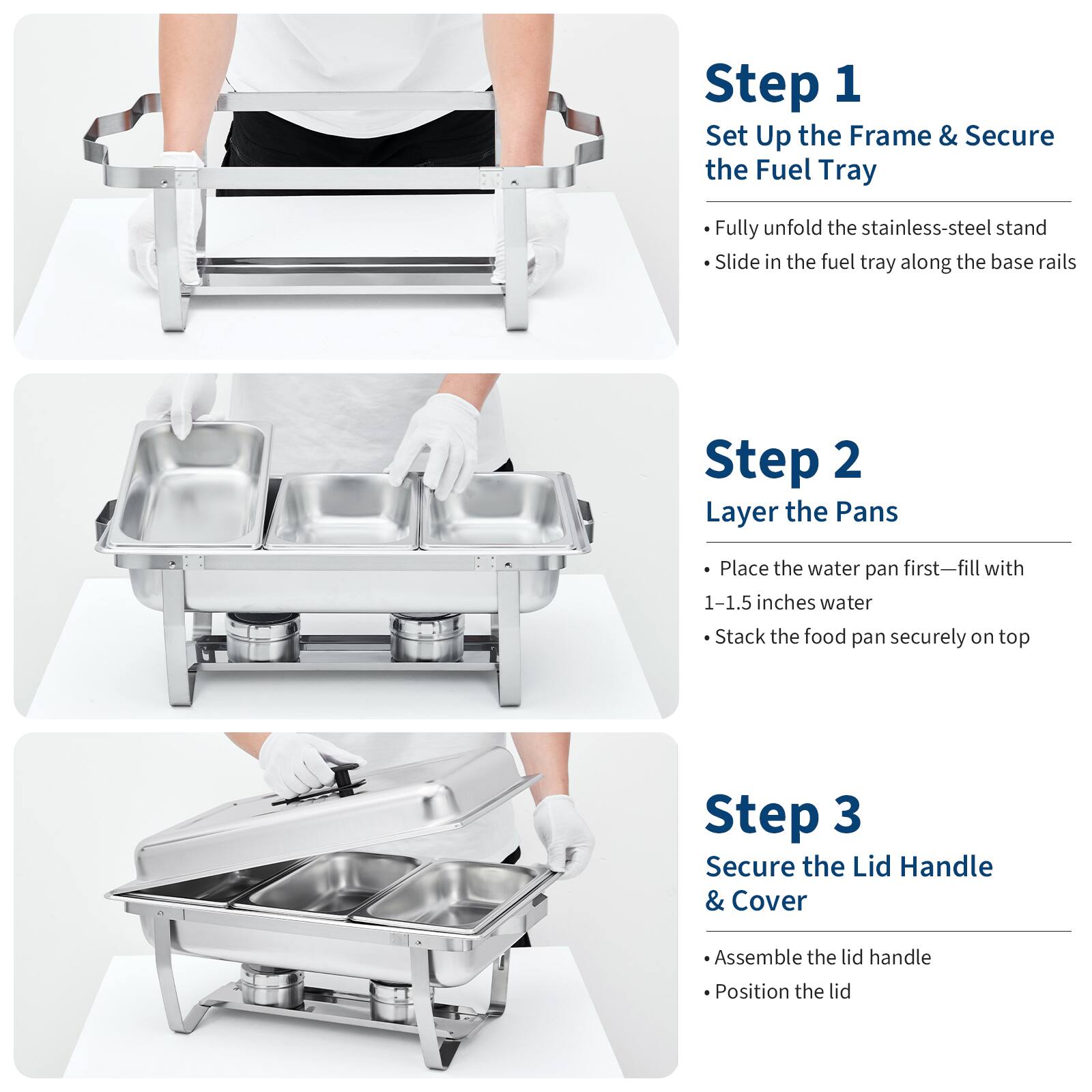 Step 1: Set Up the Frame & Secure the Fuel Tray  
- Fully unfold the stainless-steel stand  
- Slide in the fuel tray along the base rails  

Step 2: Layer the Pans  
- Place the water pan first—fill with 1-1.5 inches water  
- Stack the food pan securely on top  

Step 3: Secure the Lid Handle & Cover  
- Assemble the lid handle  
- Position the lid