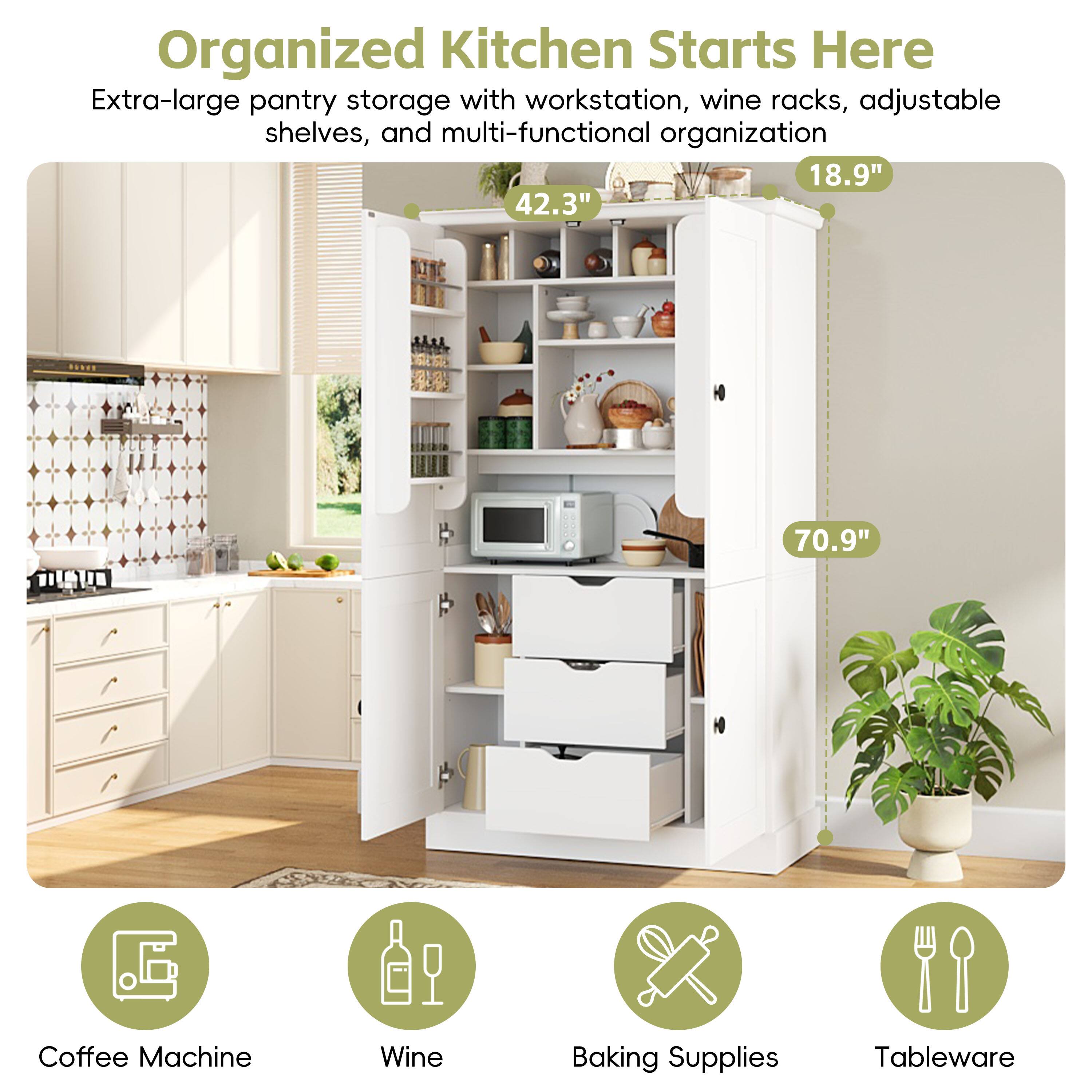 Organized Kitchen Starts Here  
Extra-large pantry storage with workstation, wine racks, adjustable shelves, and multi-functional organization  
18.9" x 42.3" x 70.9"  
Coffee Machine  
Wine  
Baking Supplies  
Tableware