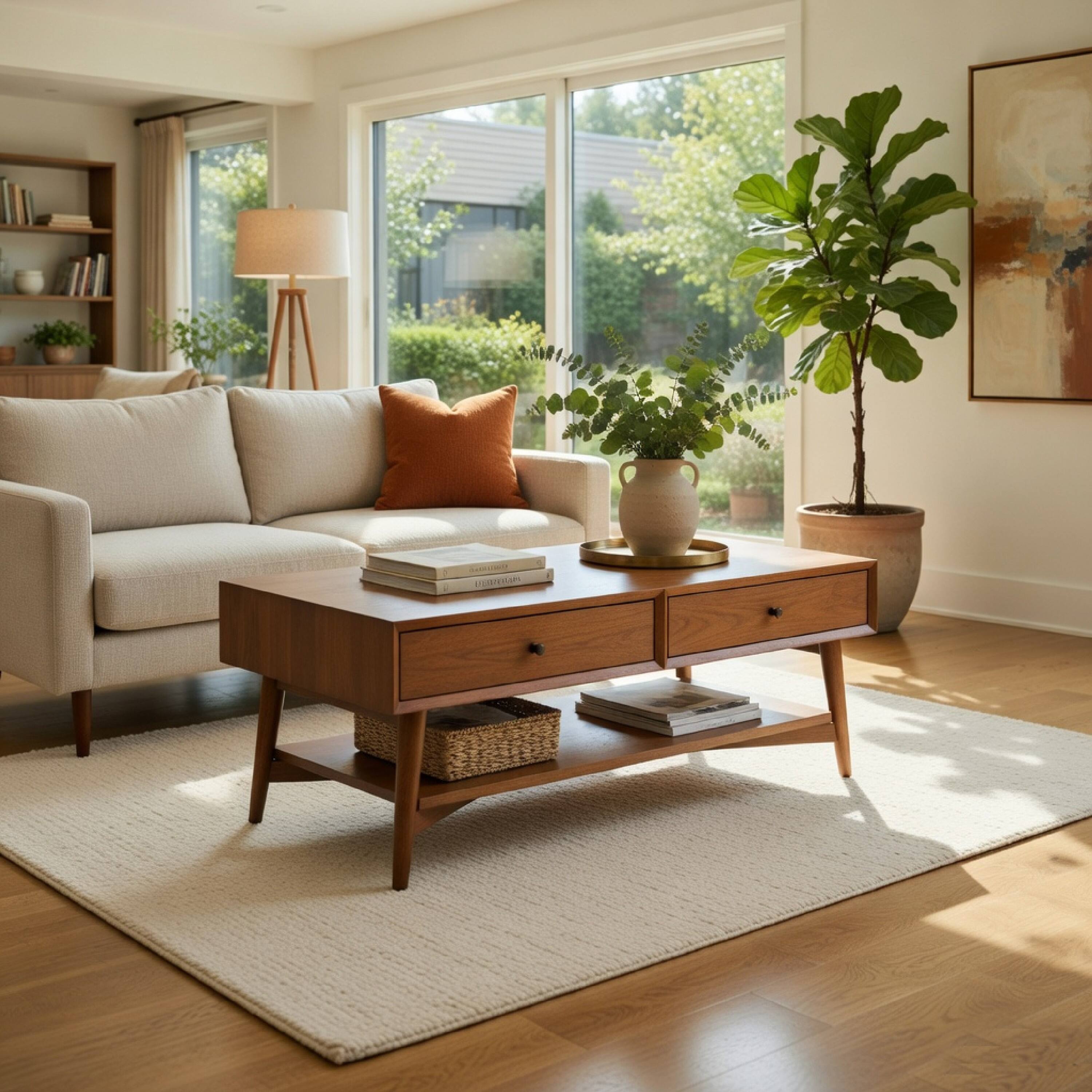 Alt View 5. Manhattan Lane - Ian Coffee Table, 2 Drawers and Shelf, 48 Inch Rectangular - Chestnut Brown, Nickel.