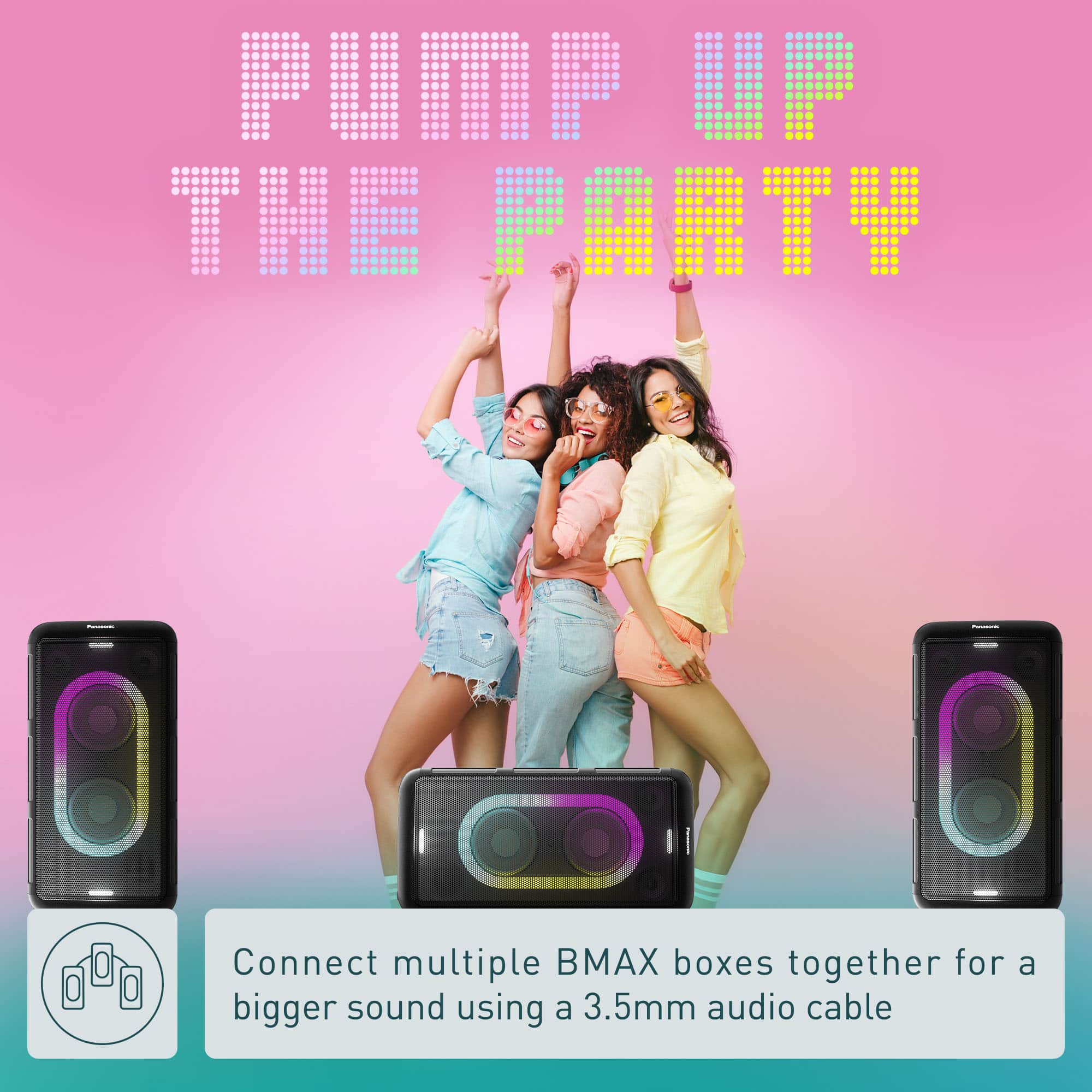 Pump Up the Party: Connect multiple BMAX boxes together for a bigger sound using a 3.5mm audio cable.