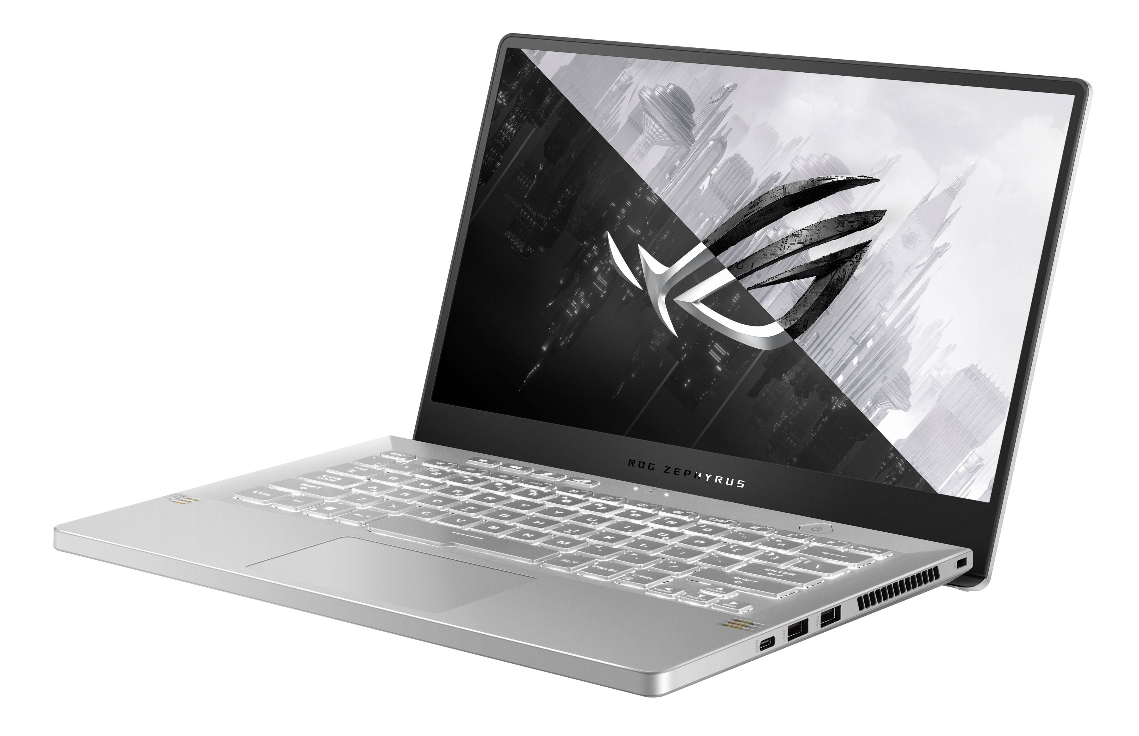 Angle. ASUS - ROG Zephyrus 14" FHD 144Hz Gaming Laptop - AMD Ryzen 7 - 16GB DDR4 Memory - NVIDIA GeForce RTX 3060 - 512GB PCIe SSD - Moonlight White.