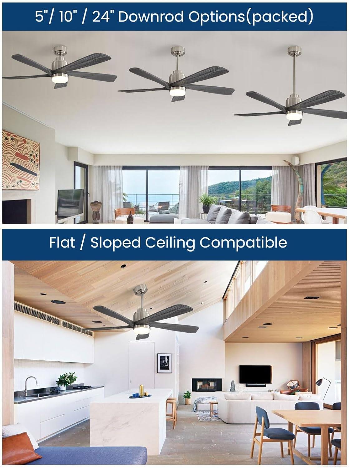 5" / 10" / 24" Downrod Options (packed)  
Flat / Sloped Ceiling Compatible