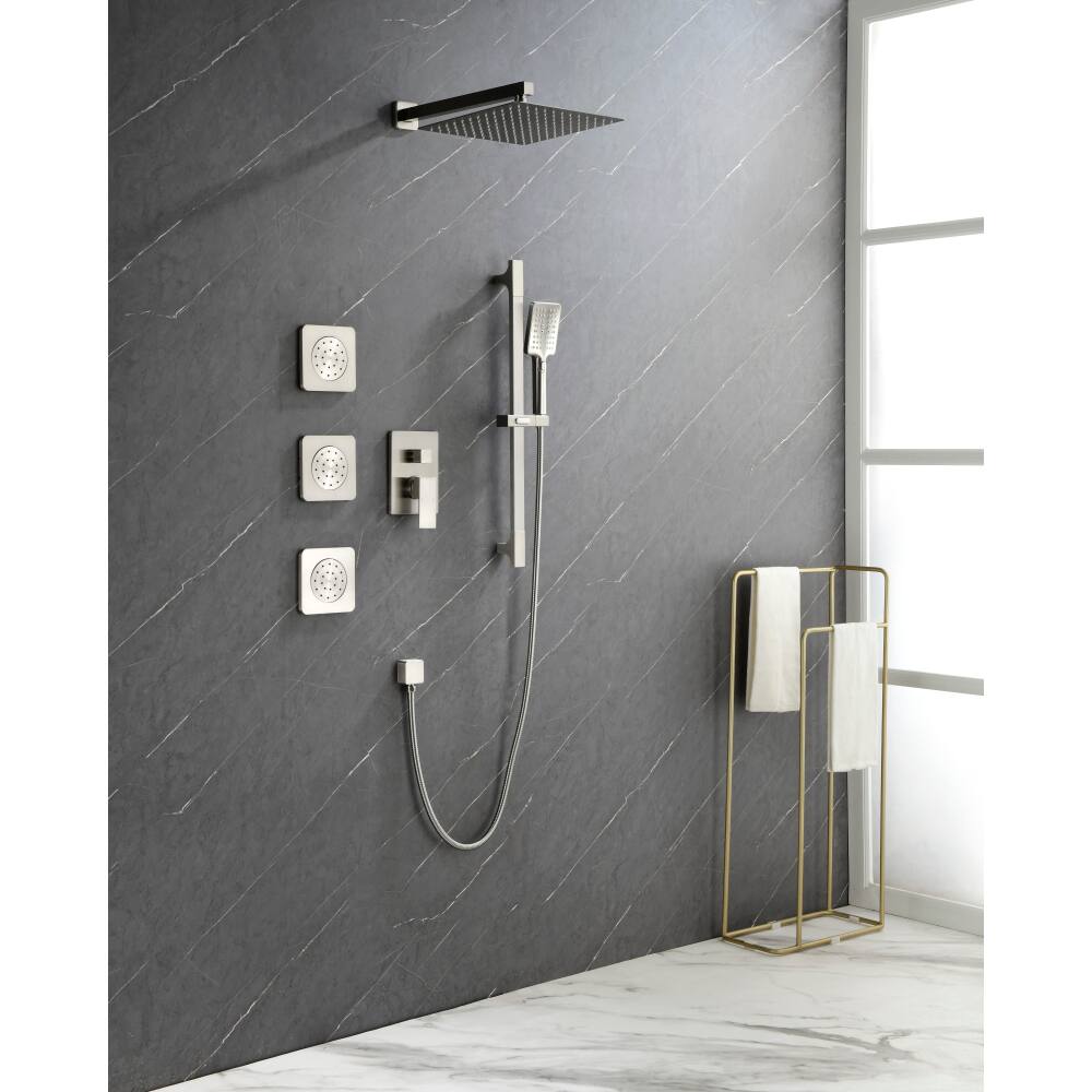 Left. JUJABU - Brushed Nickel Shower System with Shower Head, Slide Bar, Bodysprays, Shower Arm, Hose, Valve Trim, and Lever Handles - Brushed Nickel.