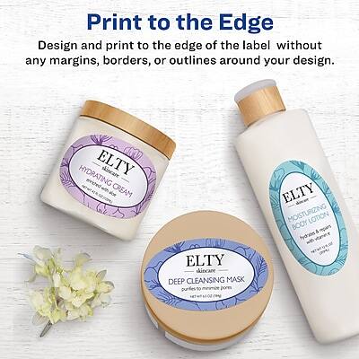 Print to the Edge  
Design and print to the edge of the label without any margins, borders, or outlines around your design.

ELTY  
HYDRATING ALOE CREAM  
HYDRATING ALOE CREAM

ELTY  
DEEP CLEANSING MASK  
PURIFIES TO MINIMIZE PORES

ELTY  
MOISTURIZING LOTION BODY  
REPAIRS & HYDRATES