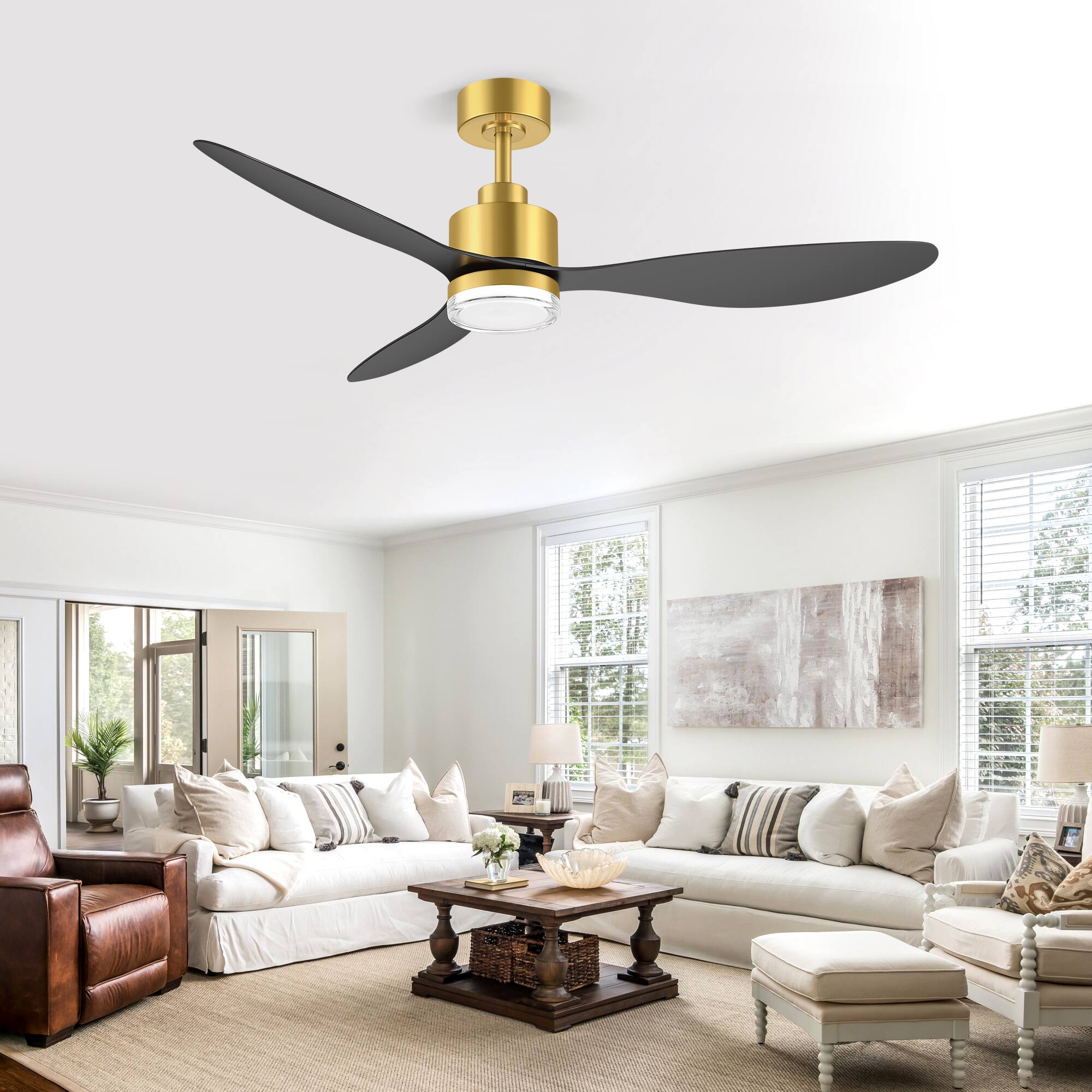 Back. Breezary - 52-Inch Modern LED Ceiling Fan with Remote, 6'' Downrod, 3 ABS Blades, 6-Speed DC Motor, Reversible & Timer - Black and gold.