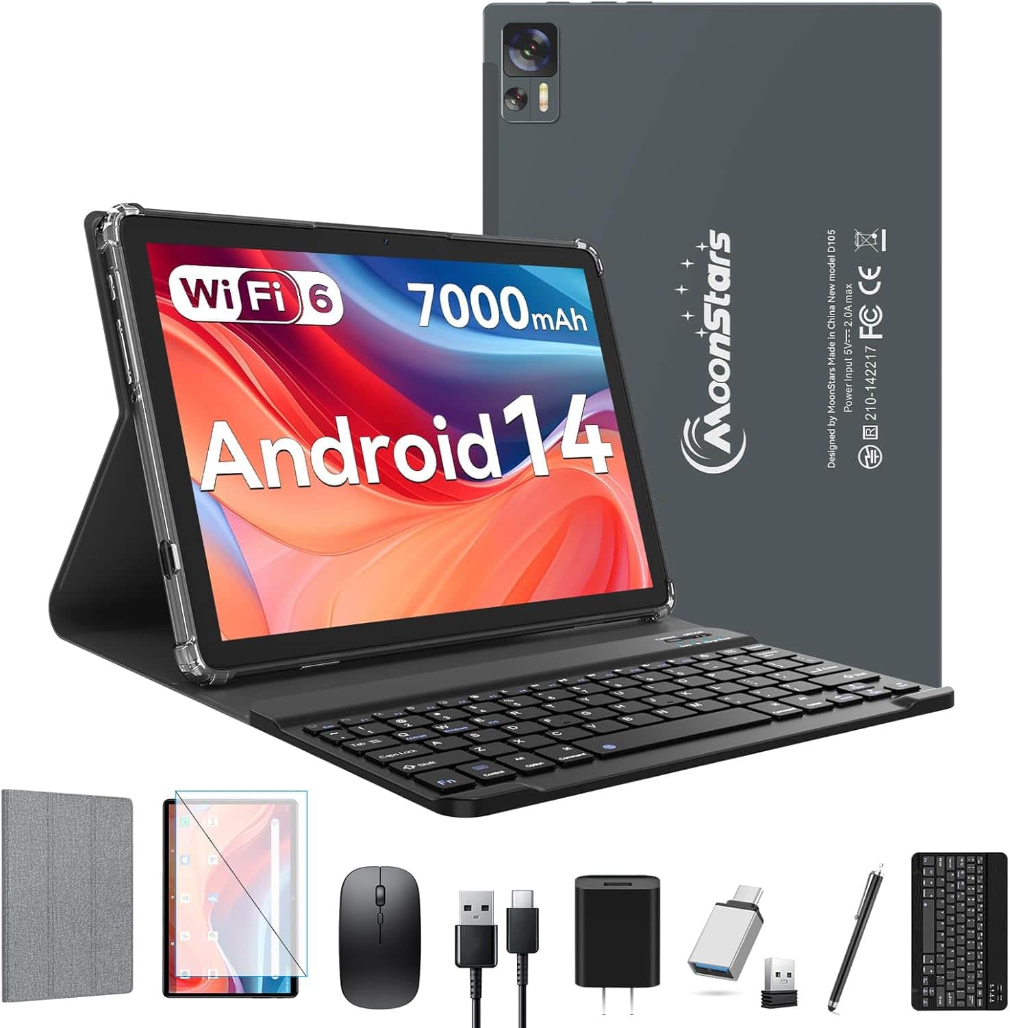 MOONSTARS - 10.1 inch Android 14 Tablet 2025 Latest Update Octa-Core Processor with 64GB Storage, 2 in 1 Tablet with Keyboard - Gray