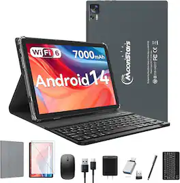 Qukenk - 10.1 inch Android 14 Tablet 2025 Latest Update Octa-Core Processor with 64GB Storage, 2 in 1 Tablet with Keyboard - Gray