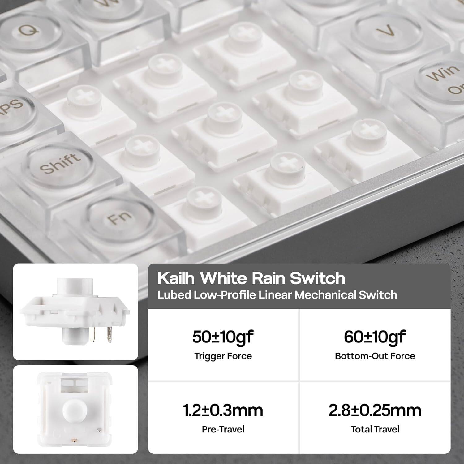 Kailh White Rain Switch  
Lubed Low-Profile Linear Mechanical Switch  

- 50±10gf Trigger Force  
- 60±10gf Bottom-Out Force  
- 1.2±0.3mm Pre-Travel  
- 2.8±0.25mm Total Travel