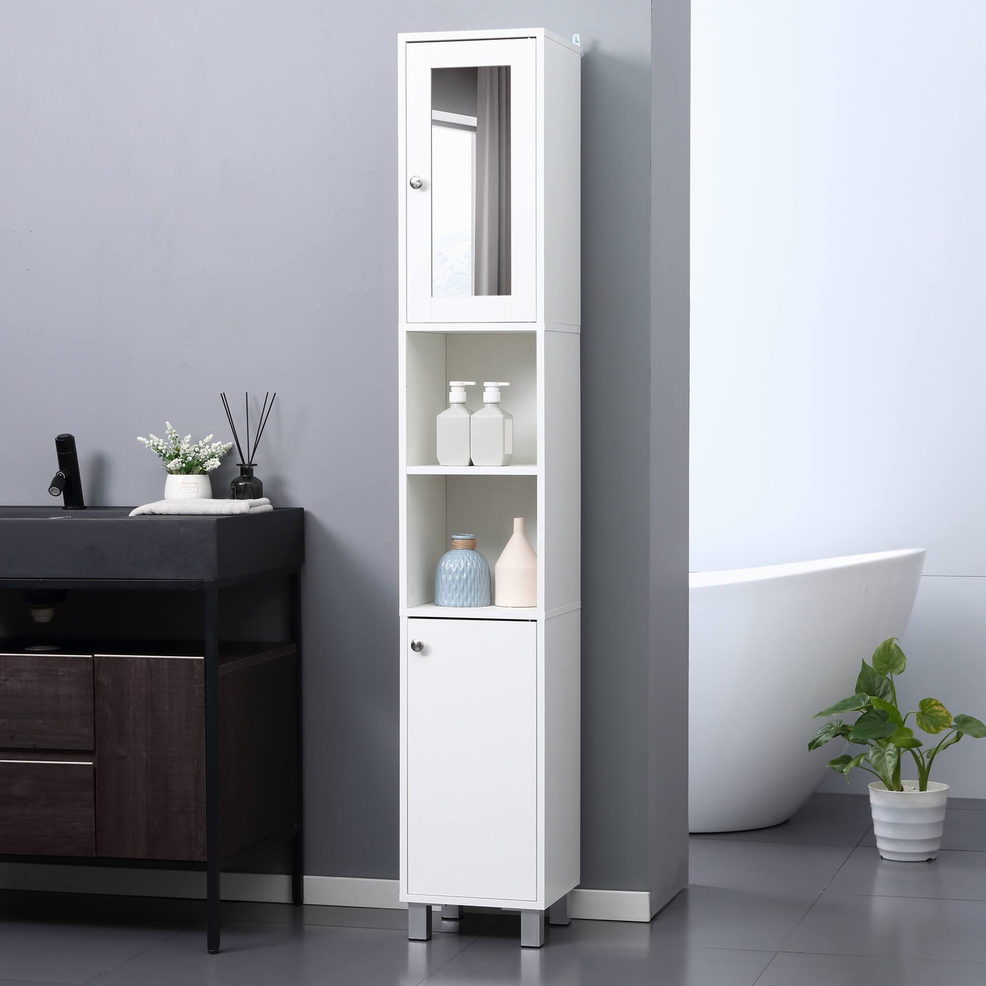 Alt View 1. Kleankin - Tall Bathroom Storage Cabinet with Mirror, Wooden Freestanding Tower Cabinet with Adjustable Shelves - White.