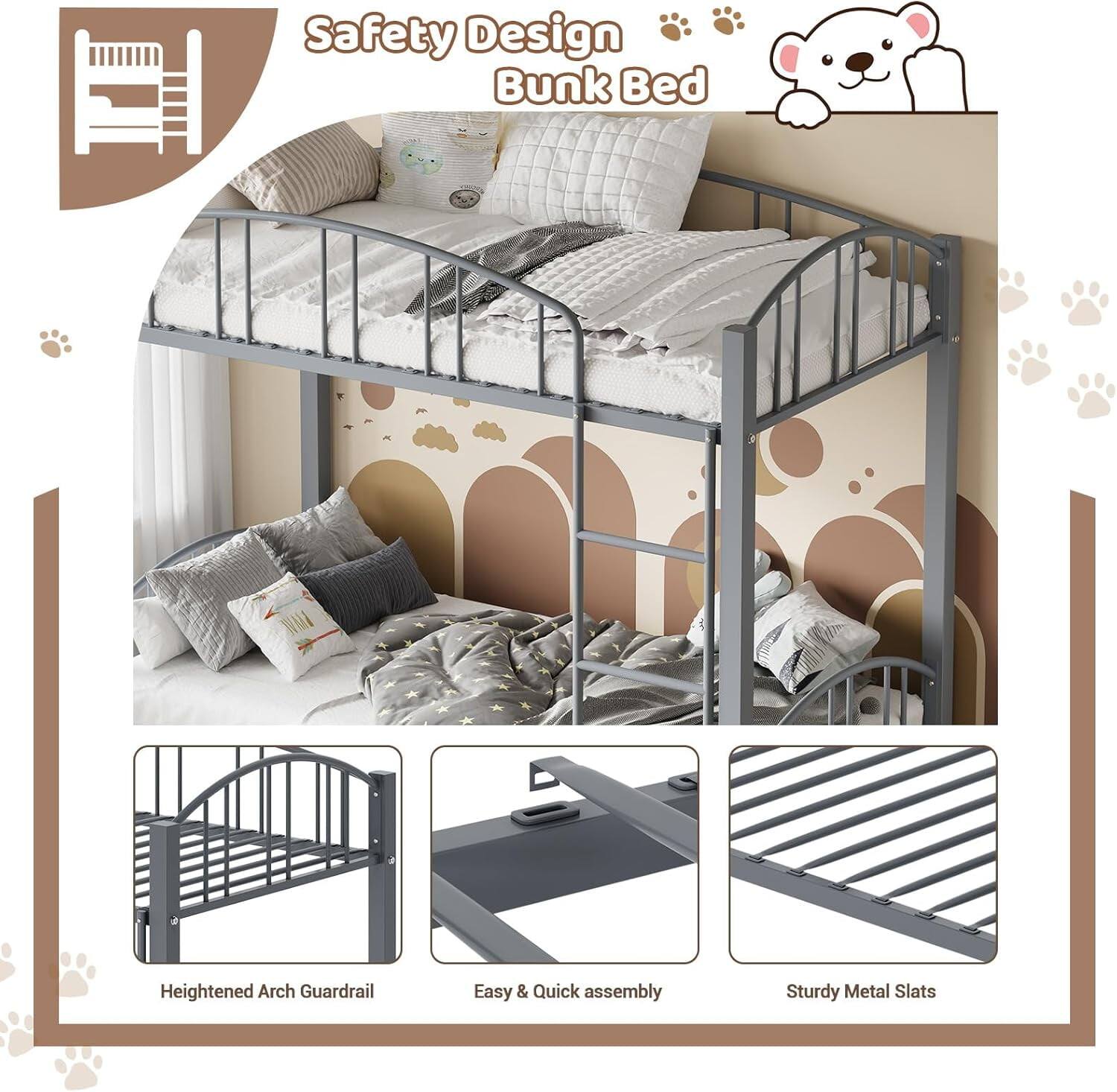 Safety Design Bunk Bed

- Heightened Arch Guardrail
- Easy & Quick assembly
- Sturdy Metal Slats