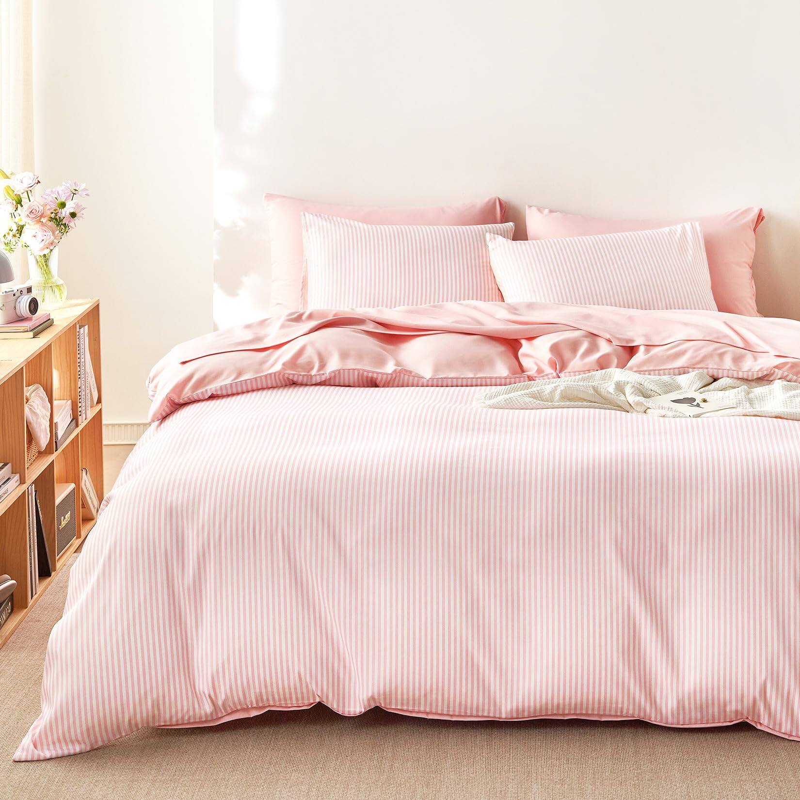 Front. Earthley Blooms - Striped Comforter Set Ticking Stripe Vertical Pinstripe Neutral Farmhouse Pattern Printed Soft Lightweight - Pink White-Full.