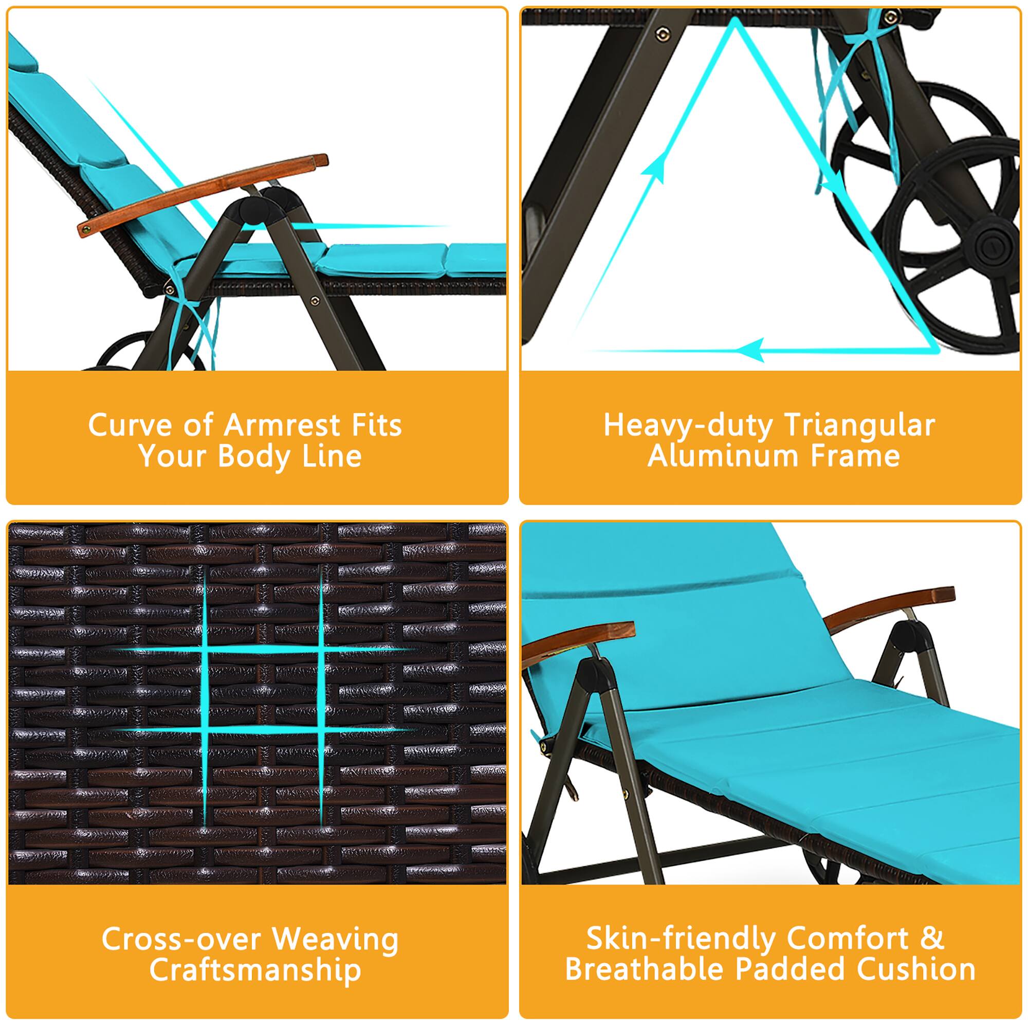 The text on the image can be grouped and corrected as follows:

1. Curve of Armrest Fits Your Body Line
2. Heavy-duty Triangular Aluminum Frame
3. Cross-over Weaving Craftsmanship
4. Skin-friendly Comfort & Breathable Padded Cushion