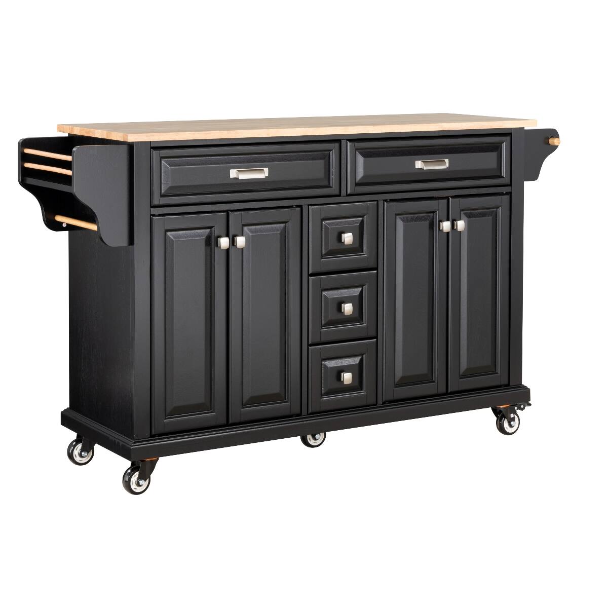 Angle. Loheer - Loheer Black Kitchen Island with Storage Cabinet Rubberwood Countertop Kitchen Cart 5 Drawers Dining Room - Black.