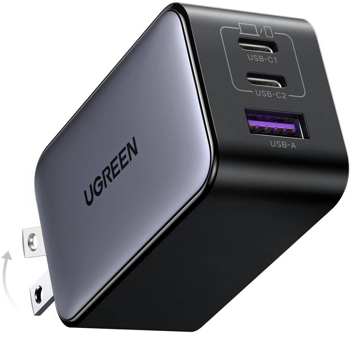 UGREEN - Nexode 65W Fast USB C Charger Block, 3-Port Compact GaN Charger for iPhones, Tablets, Laptops - Black