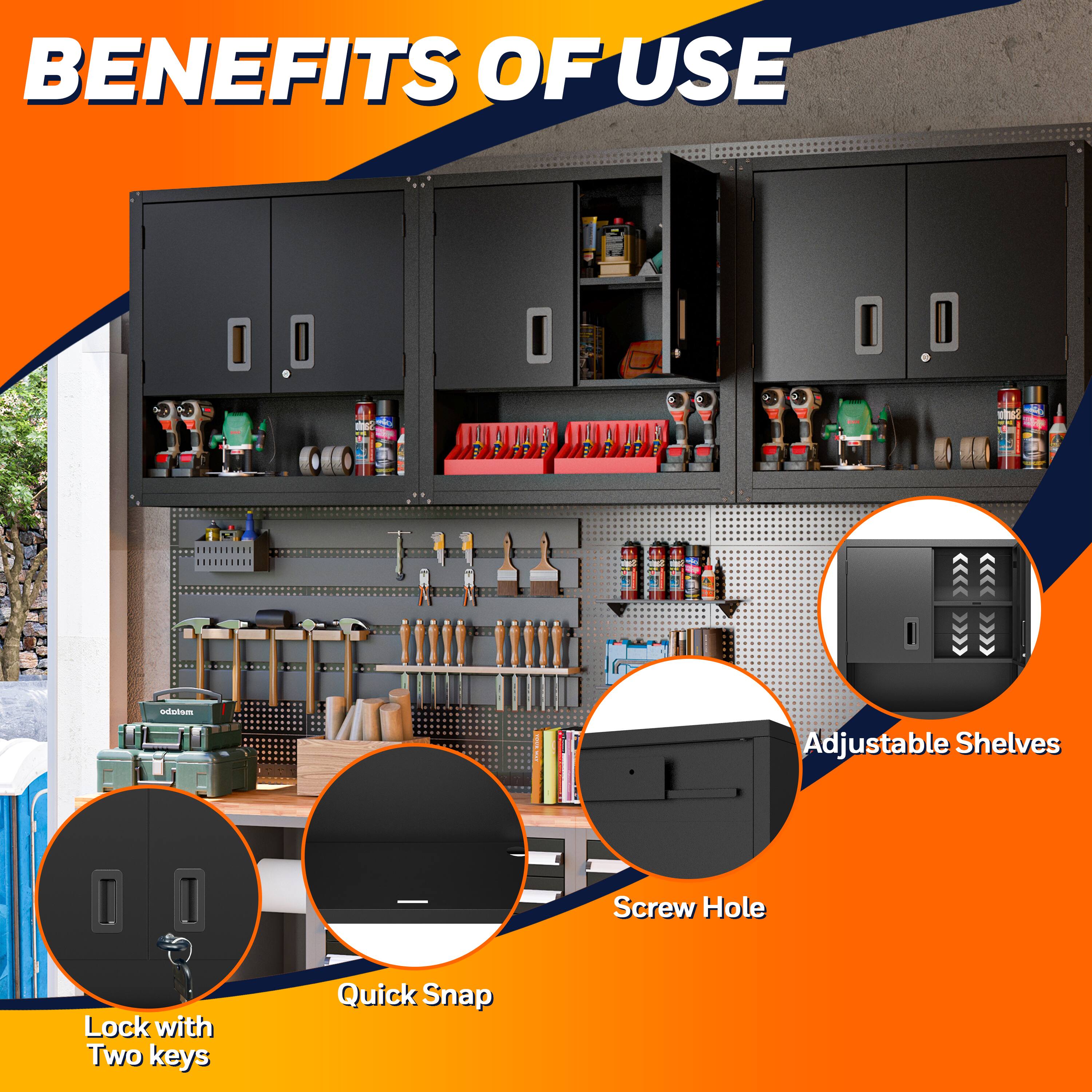 BENEFITS OF USE

- Adjustable Shelves
- Screw Hole
- Quick Snap
- Lock with Two keys