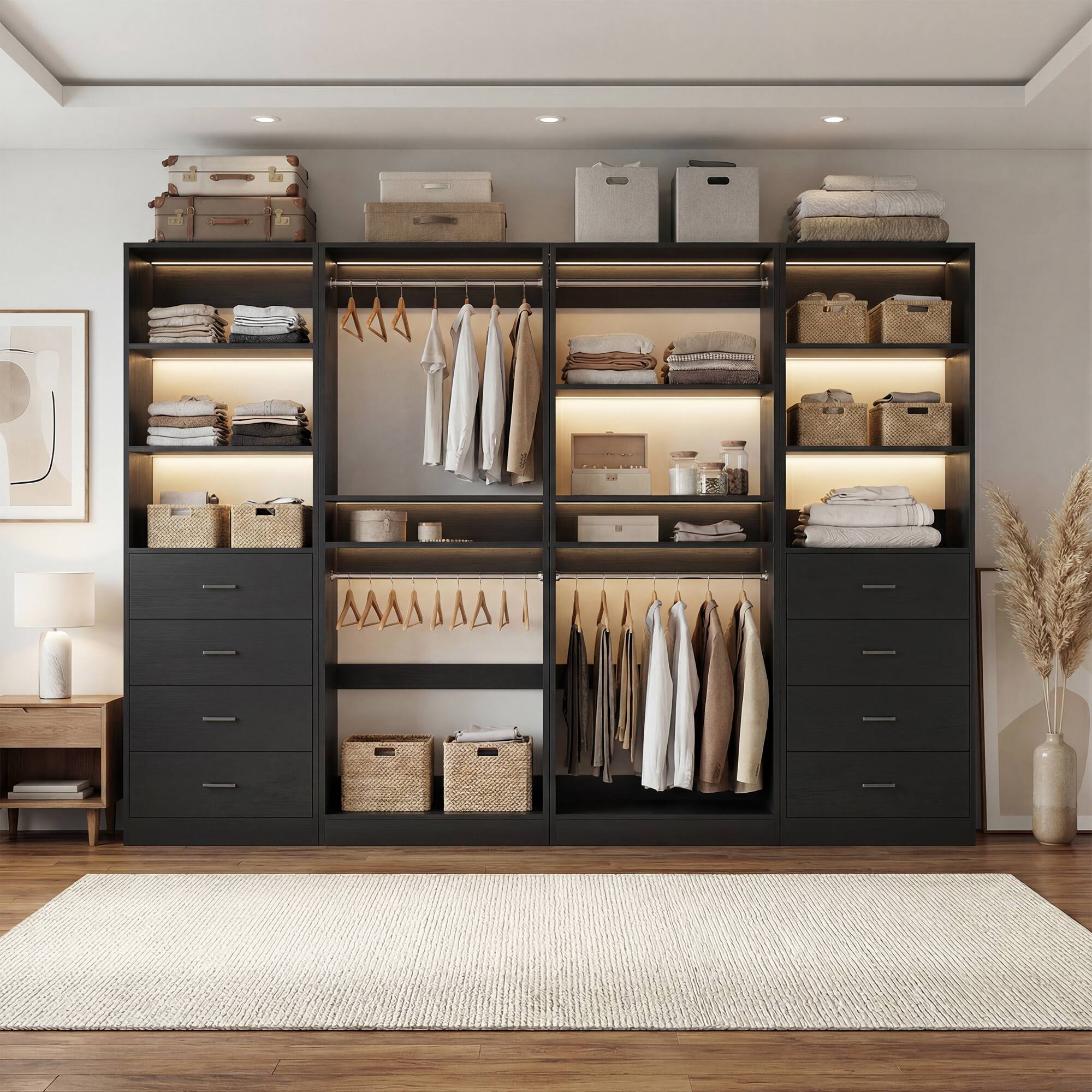 Back. Aheaplus - 92.6" Walk-in Closet Organizer System with 8 Drawers and 4 Hanging Rods, 4 Piece Set - Black.