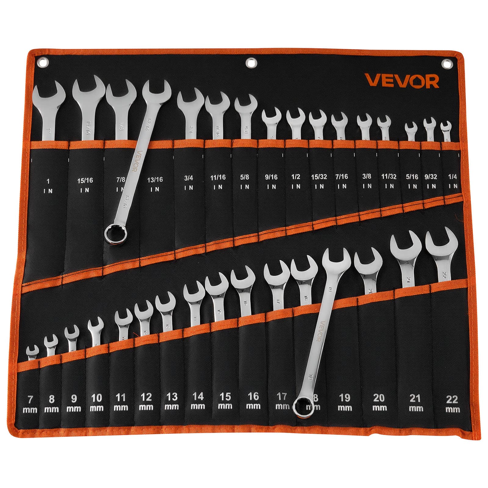 VEVOR - Combination Wrench Set, 32-Piece SAE and Metric, 12-Point Box End and 15° Angled Open End Combination Wrenches - Silver