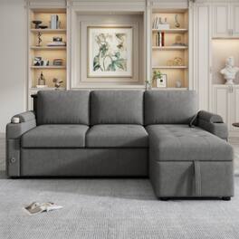 LUCKY ONE - 83.5" L-Shaped Convertible Sofa Bed w/ Storage Cup Holders USB Ports Chaise - Gray