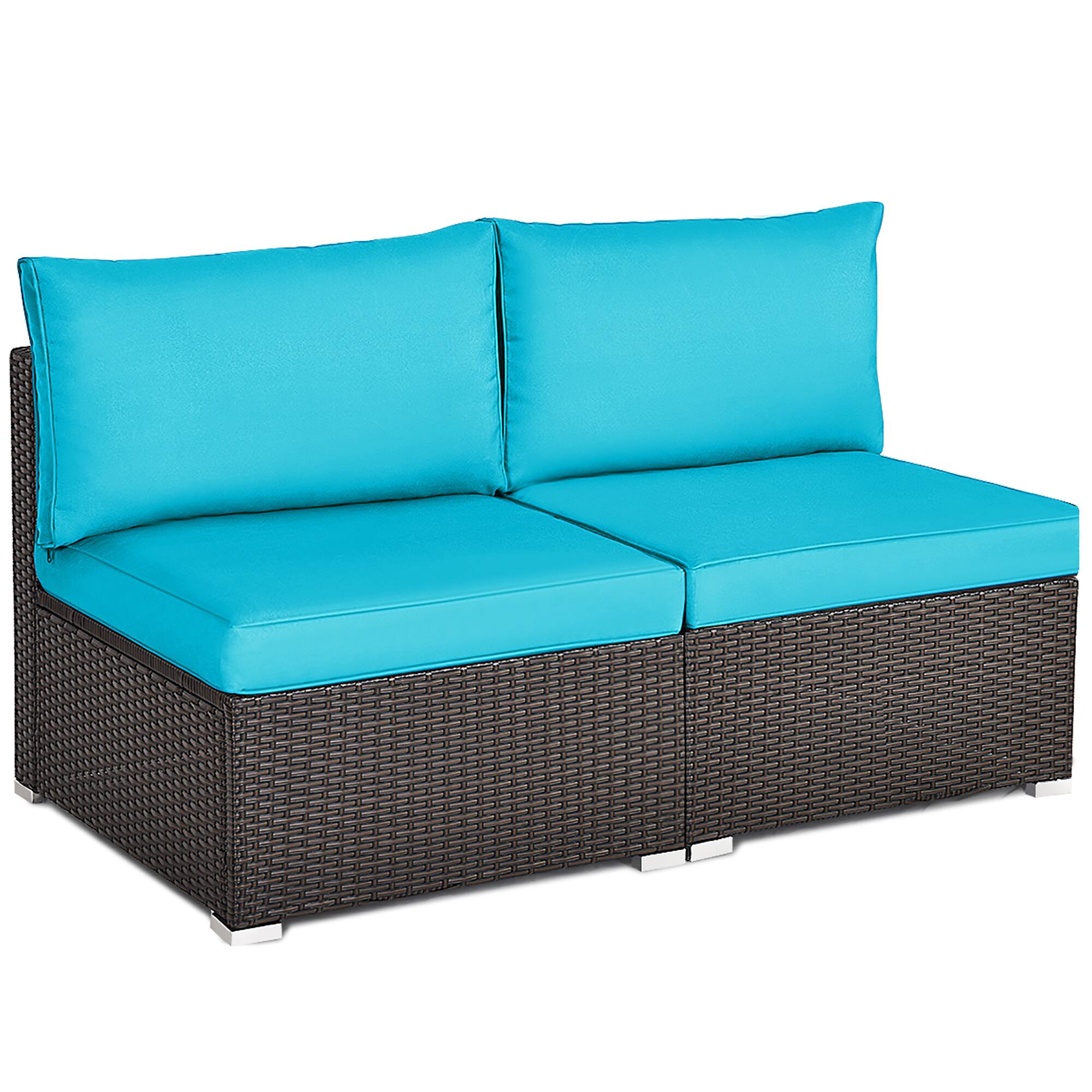 Costway - 2PCS Patio Rattan Armless Sofa Sectional Conversation Furniture Set W/Cushion - Turquoise