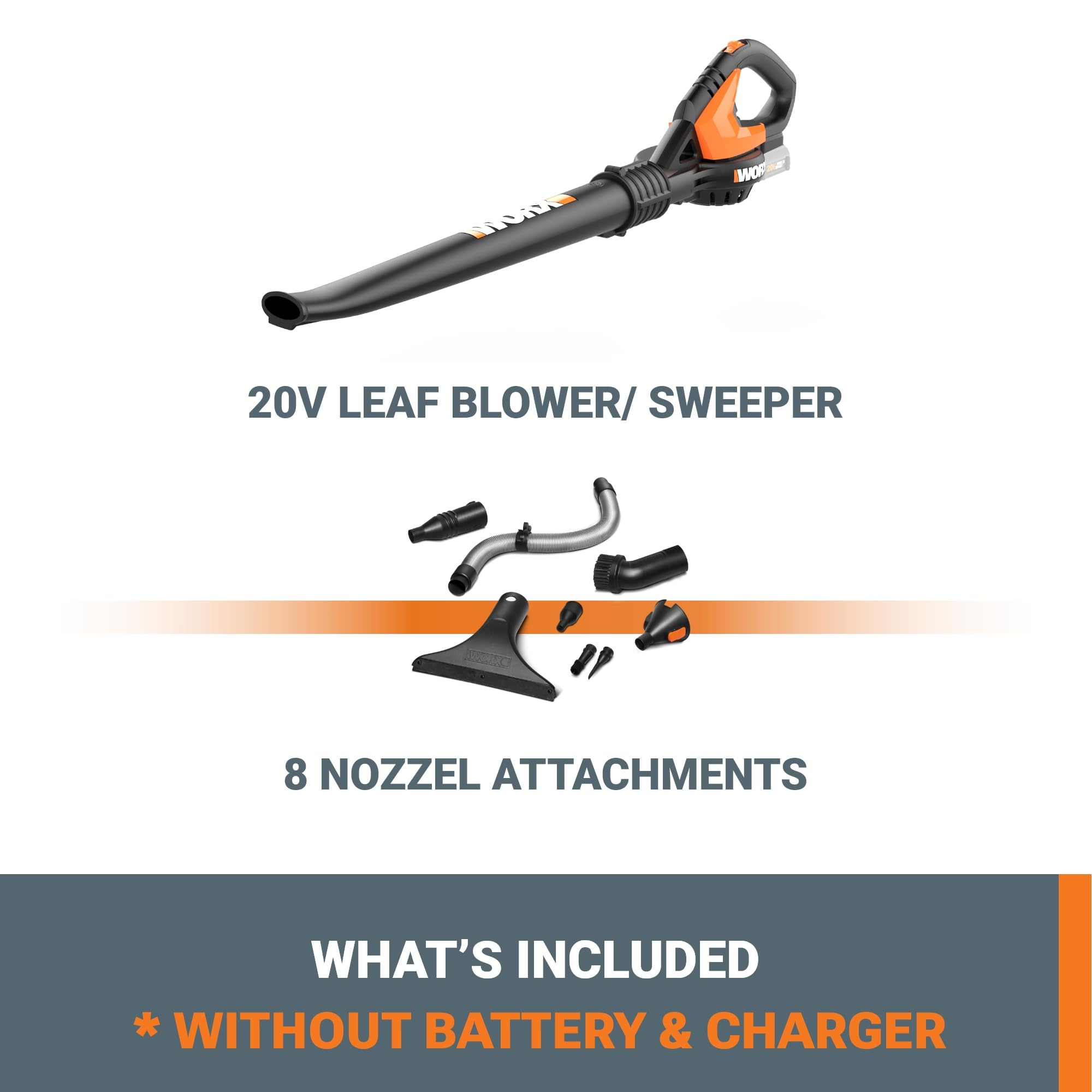 20V LEAF BLOWER/ SWEEPER

8 NOZZEL ATTACHMENTS

WHAT'S INCLUDED
* WITHOUT BATTERY & CHARGER