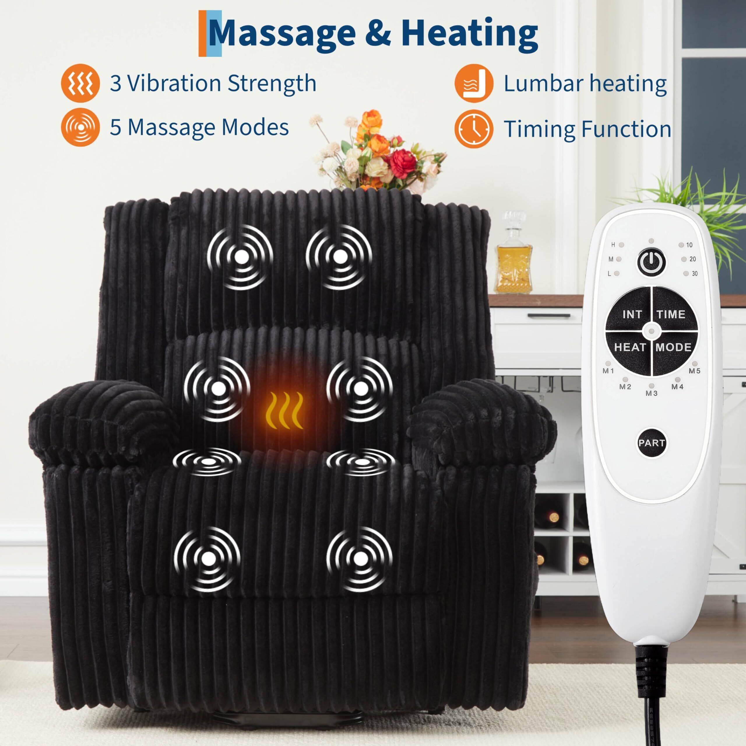Massage & Heating

- 3 Vibration Strength
- 5 Massage Modes
- Lumbar heating
- Timing Function

INT TIME HEAT MODE

M1 M2 M3 M4 M5

PART