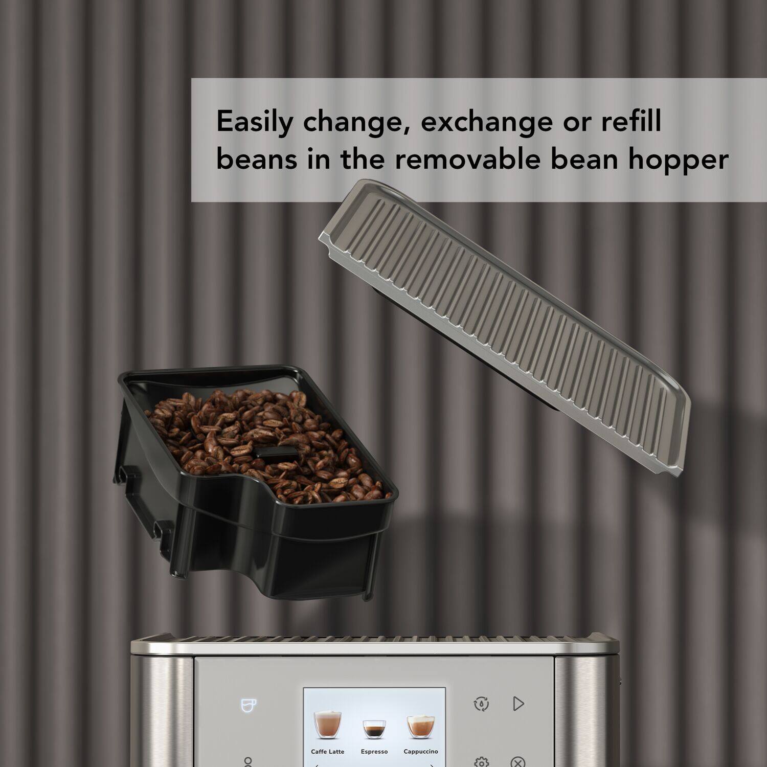 Easily change, exchange or refill beans in the removable bean hopper
