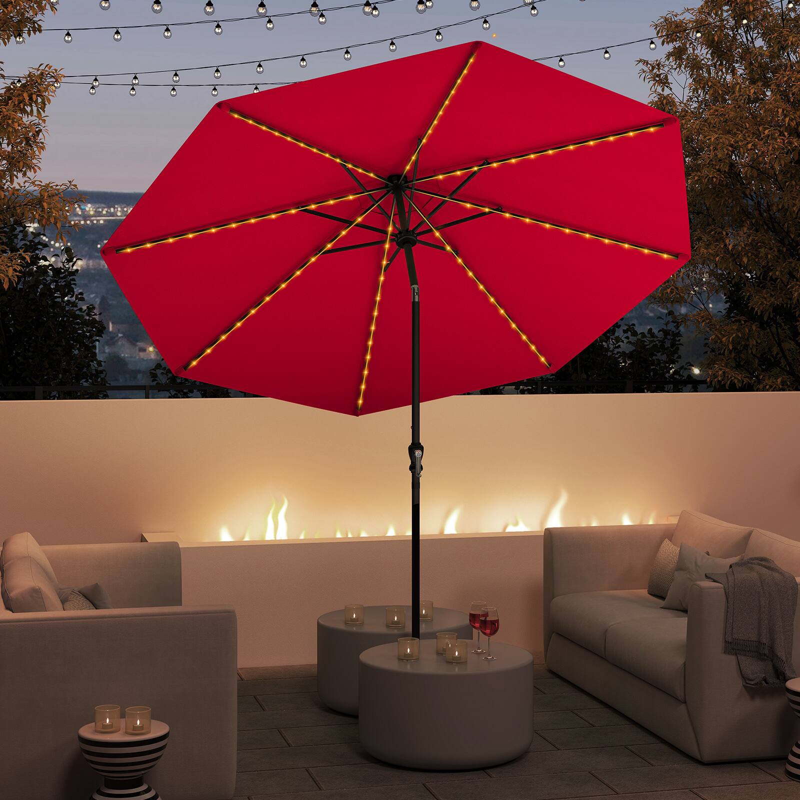 Alt View 1. Gymax - Gymax 10 FT Solar Patio Umbrella w/96 Multi-colored LED Lights & 9 Modes Vented Top Red - Red.