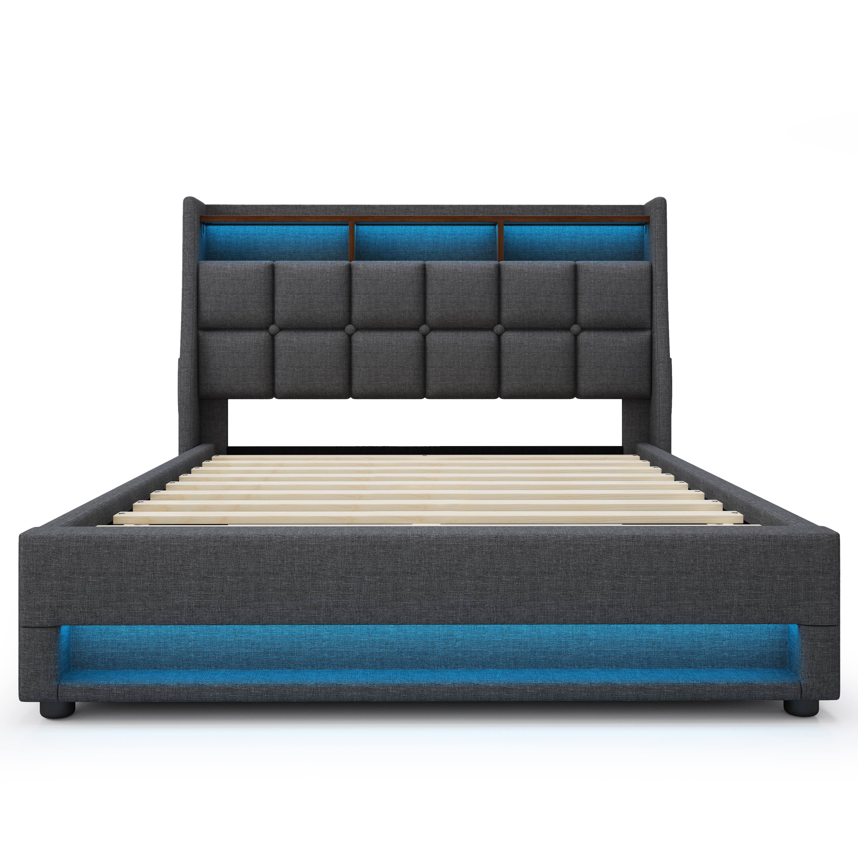 Alt View 2. Anysun - Queen Size Upholstered Platform Bed - Hydraulic Storage, LED, Charging Station, No Box Spring, Easy Assembly - Grey.