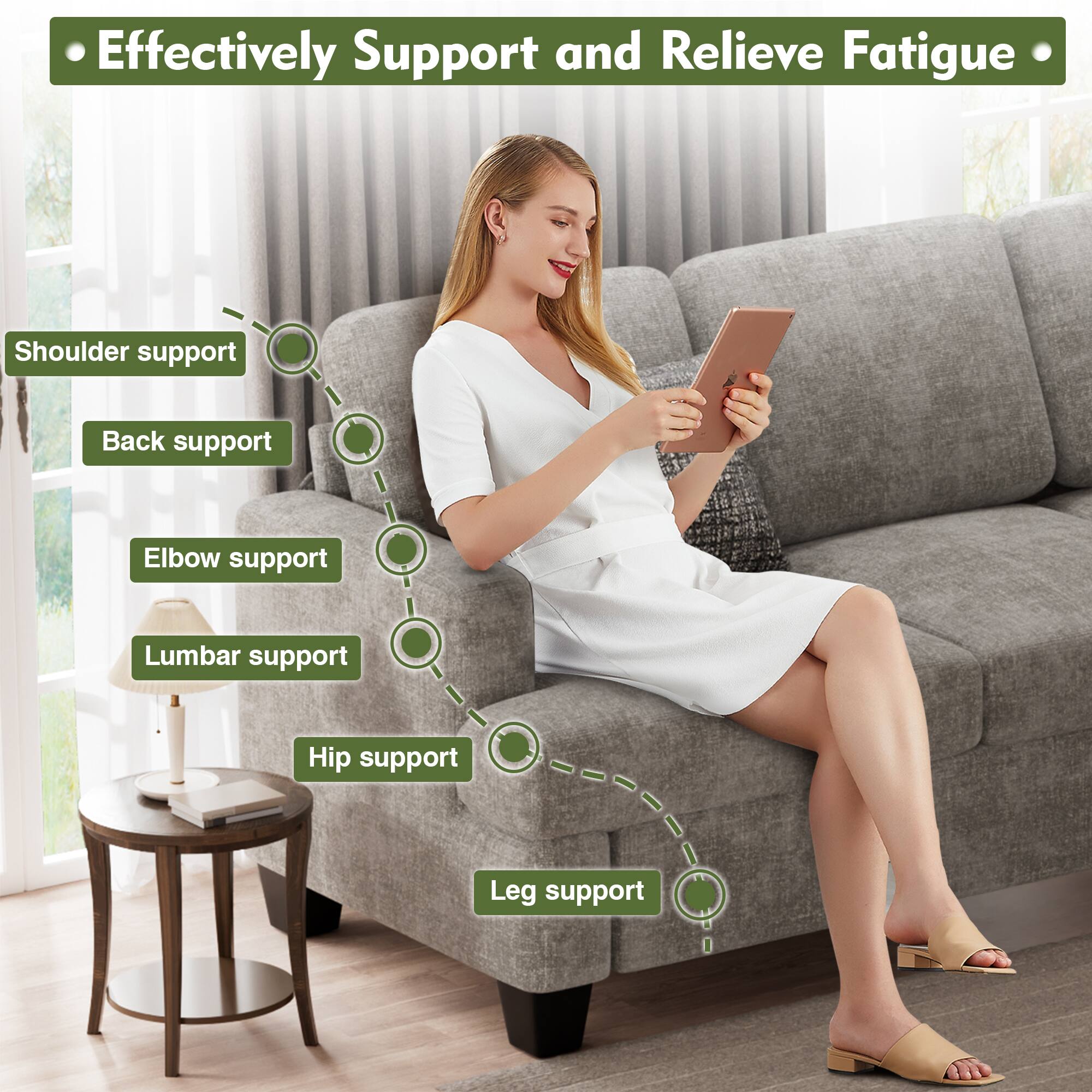 Effectively Support and Relieve Fatigue
Shoulder support
Back support
Elbow support
Lumbar support
Hip support
Leg support