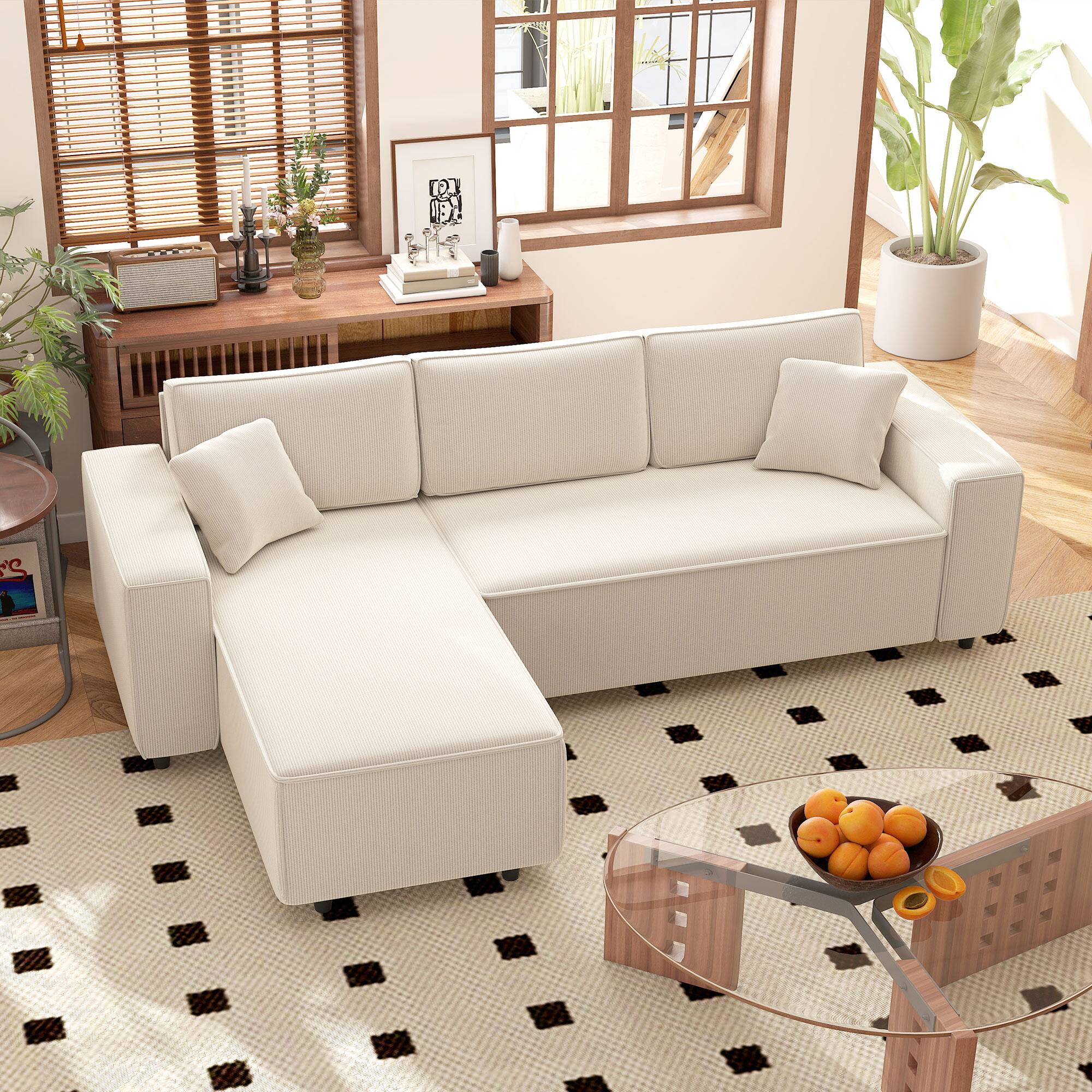 Alt View 2. Homcom - Sectional Sofa with Reversible Chaise Lounge, 95" L-Shaped Corner Sofa, 2 Pillows, 3 Seat Couch for Living Room - Cream White.